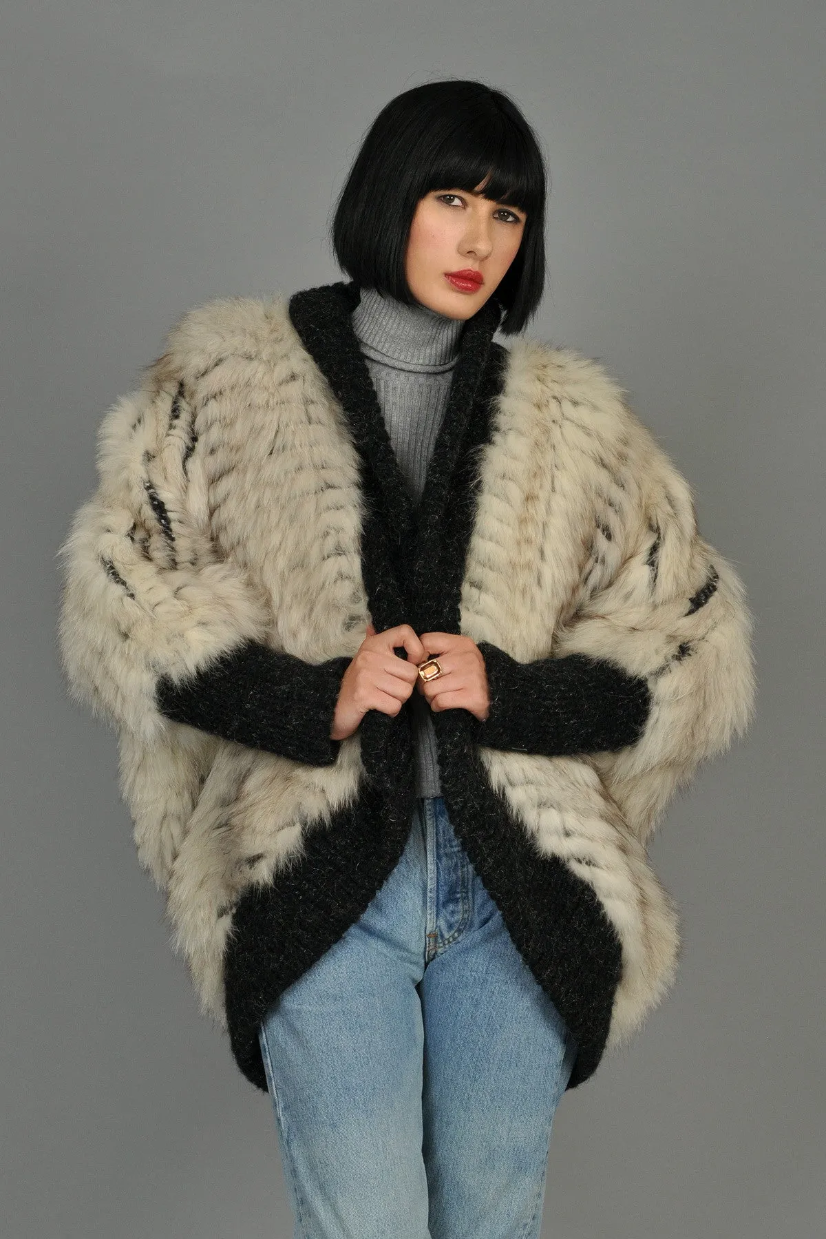 Reversible Knit Fox Fur   Mohair Cocoon Coat
