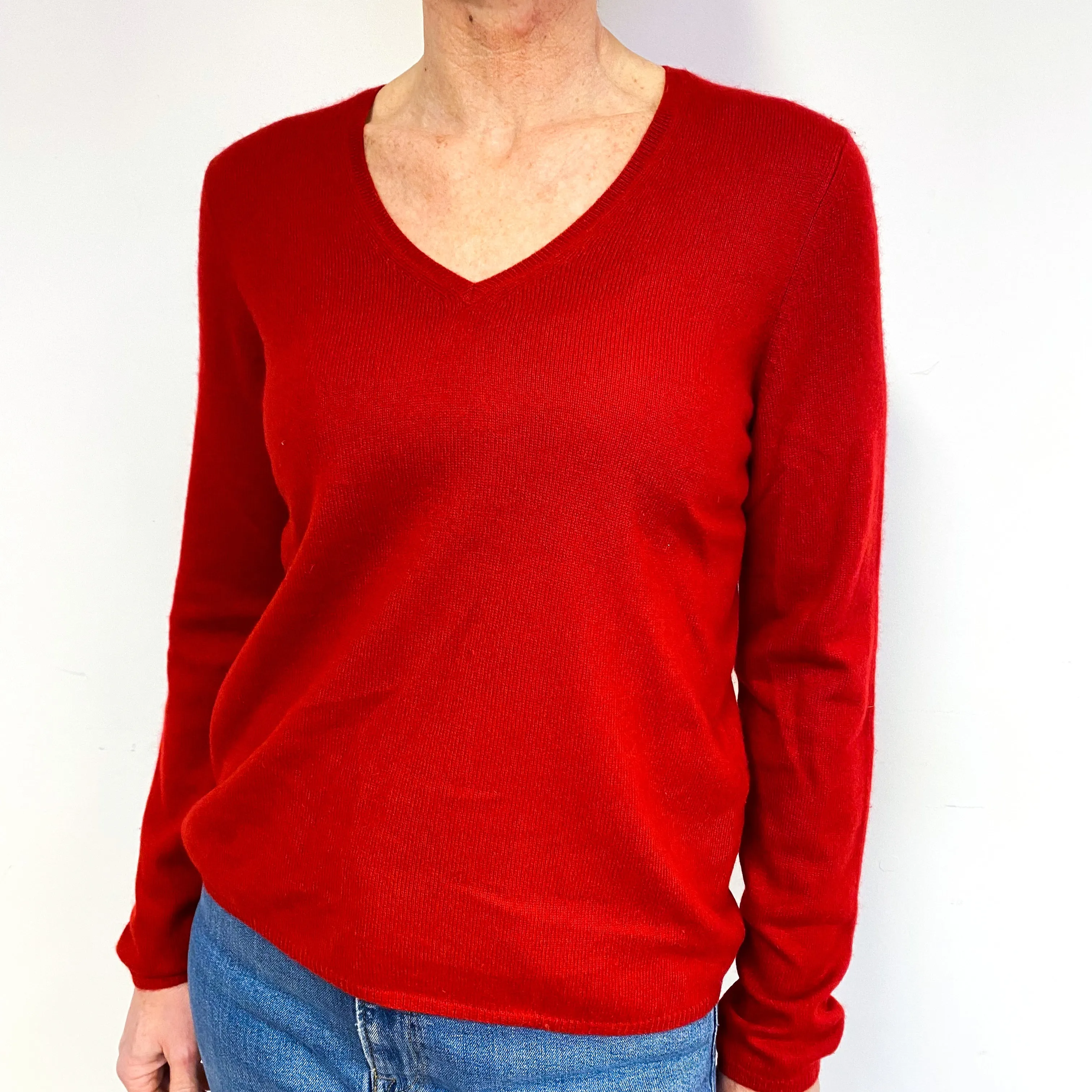 Scarlet Red Cashmere V-Neck Jumper Medium