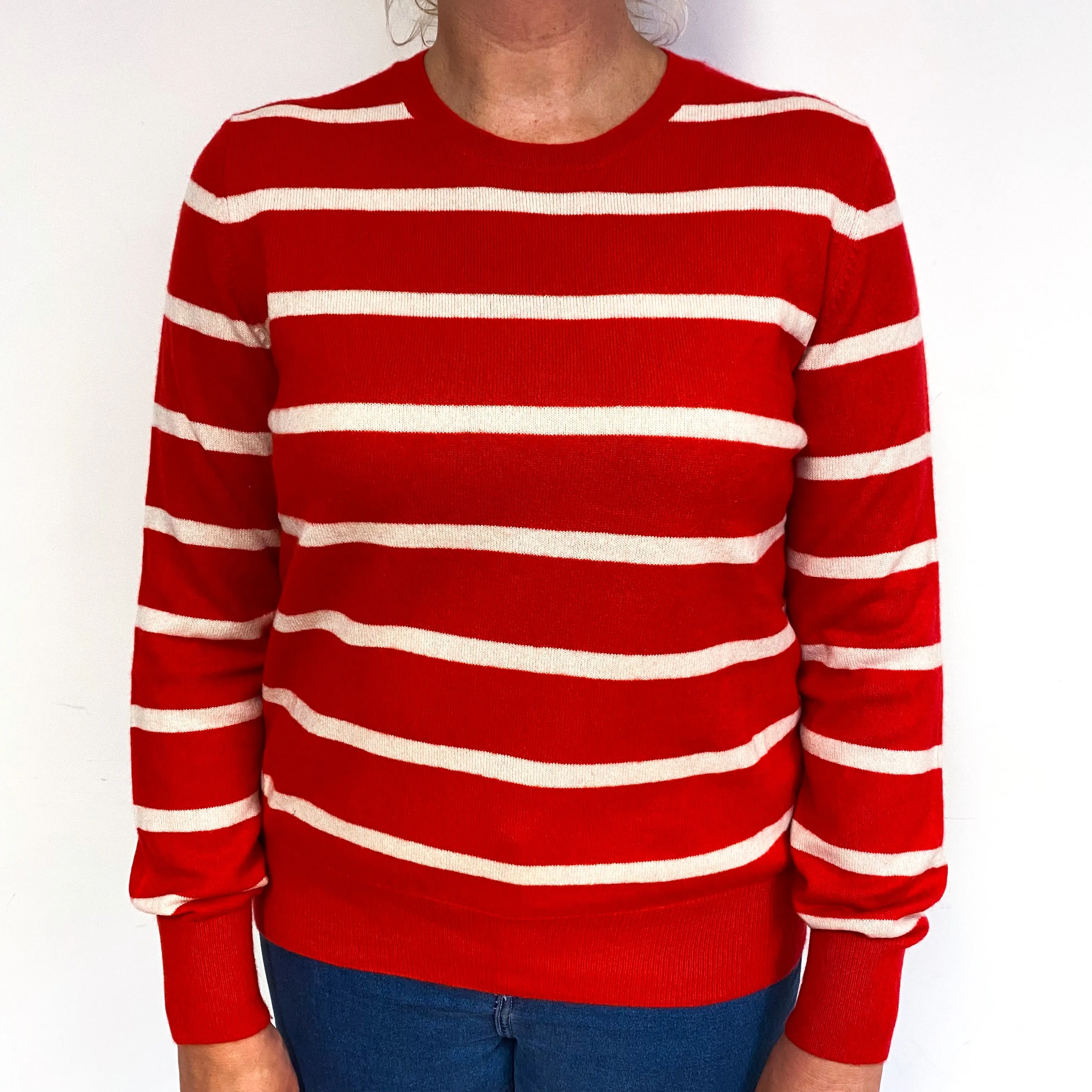 Scarlet Red Stripe Cashmere Crew Neck Jumper Large