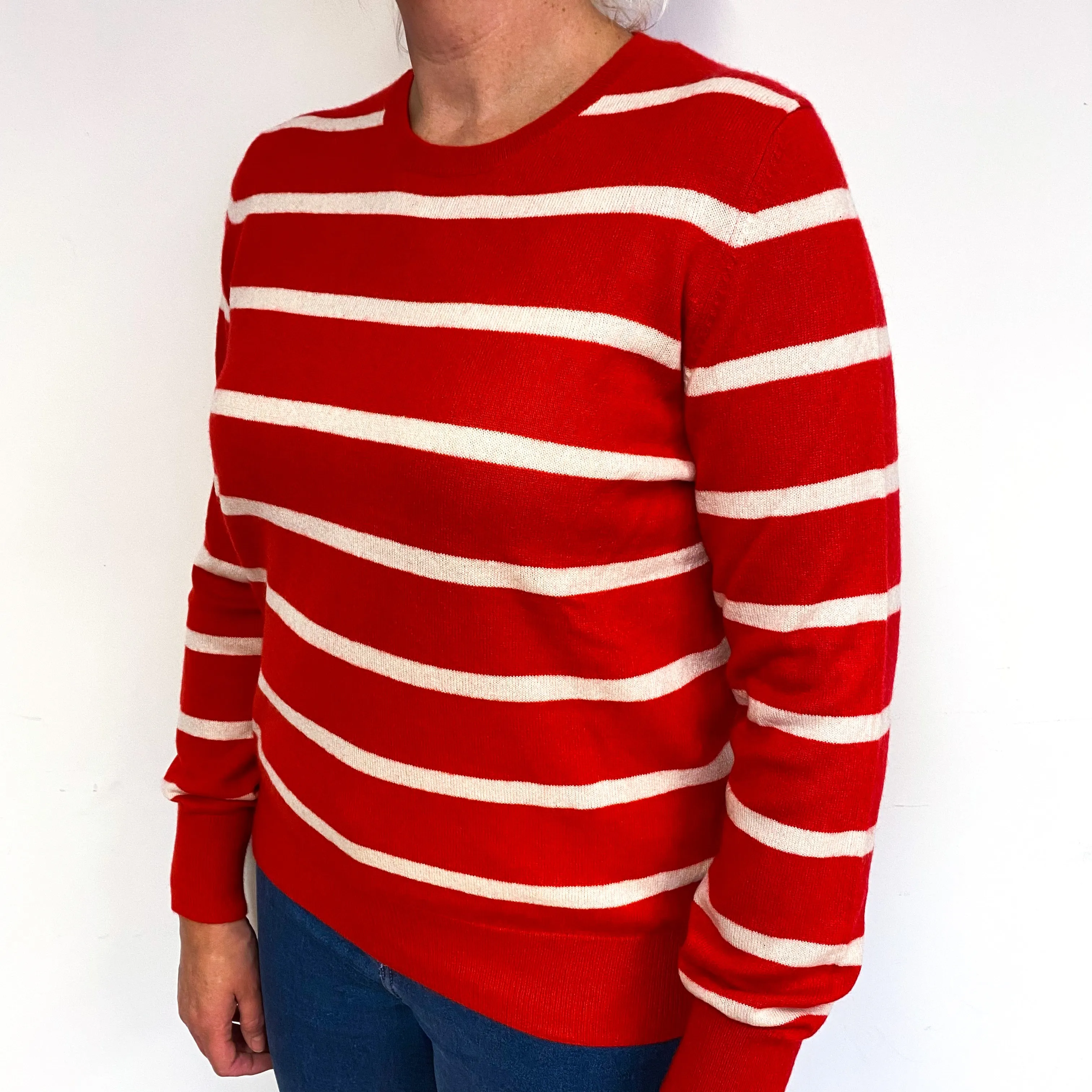 Scarlet Red Stripe Cashmere Crew Neck Jumper Large
