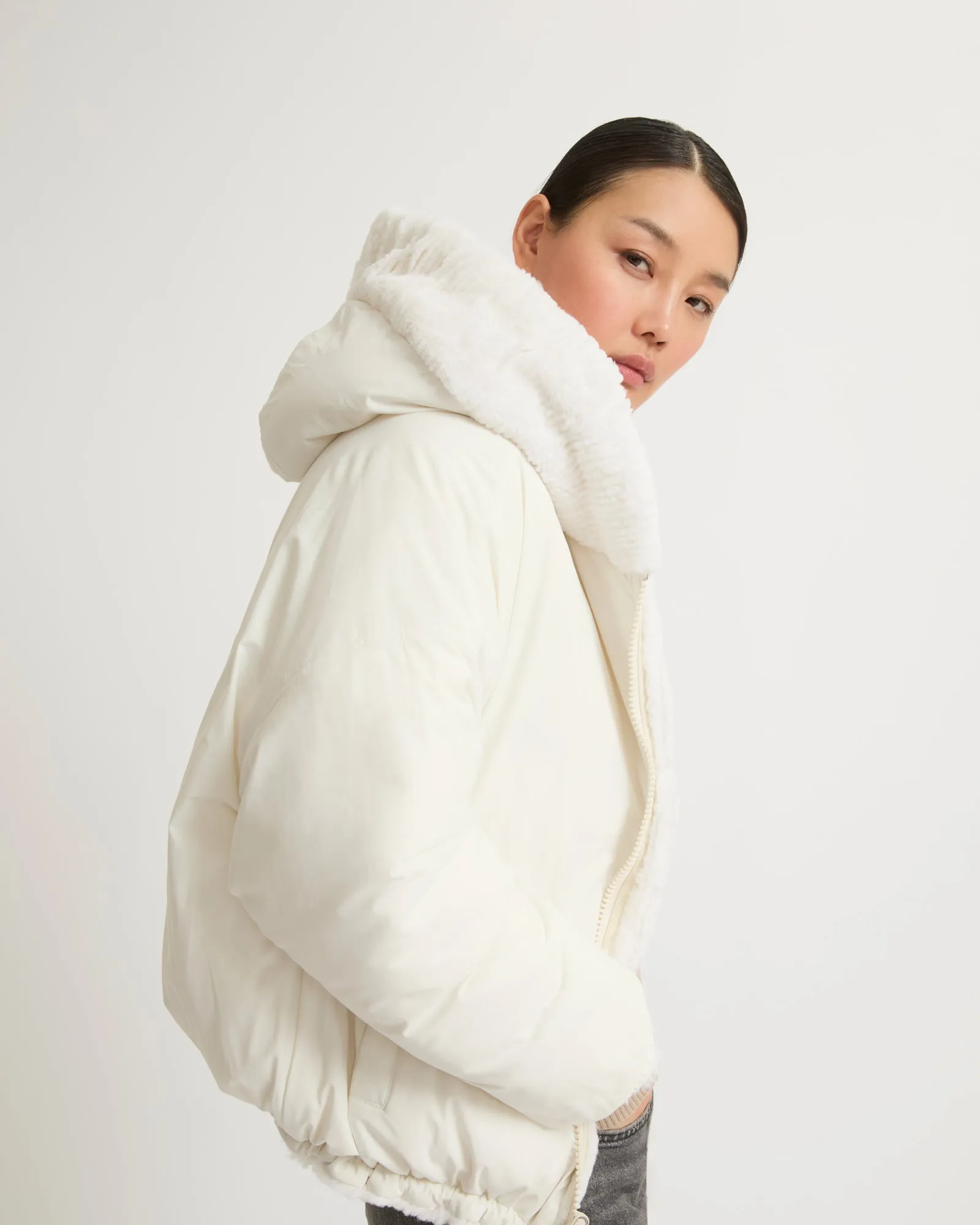 Short hooded down jacket in technical fabric reversible ribbed rex rabbit fur