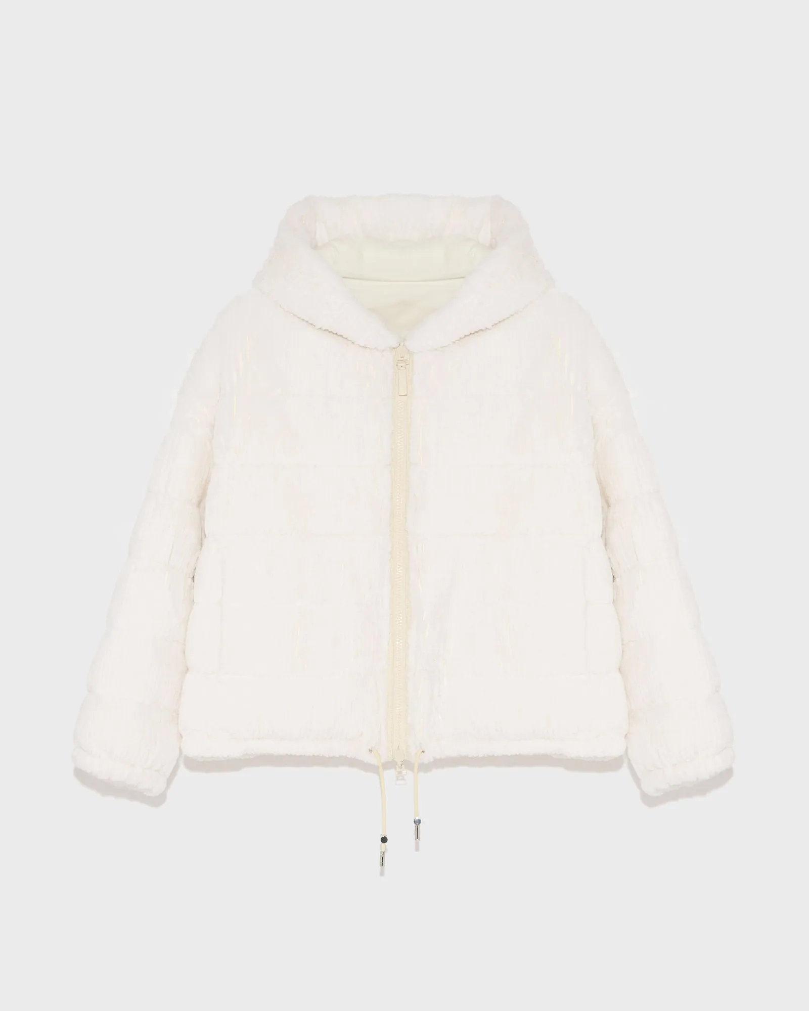 Short hooded down jacket in technical fabric reversible ribbed rex rabbit fur