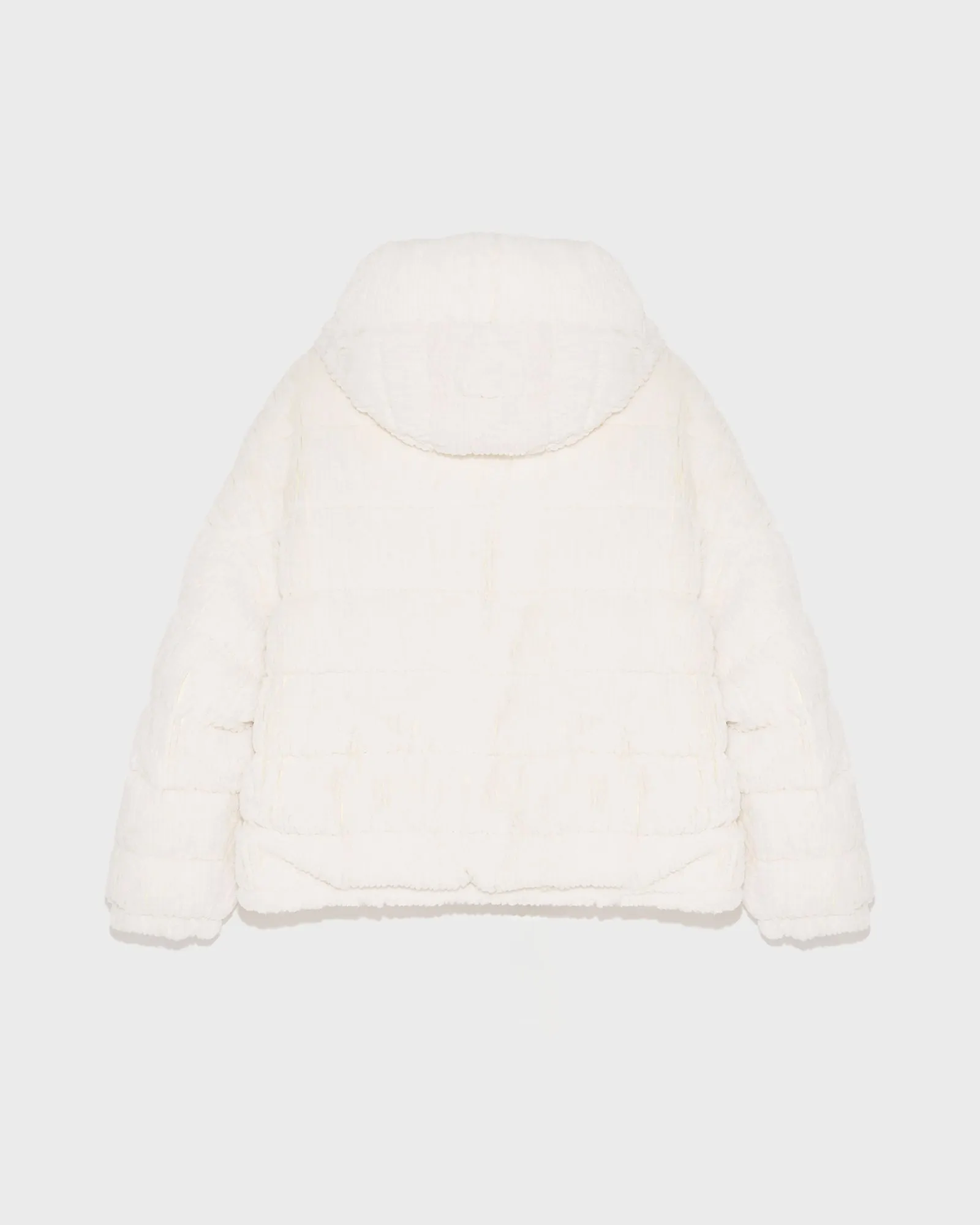 Short hooded down jacket in technical fabric reversible ribbed rex rabbit fur