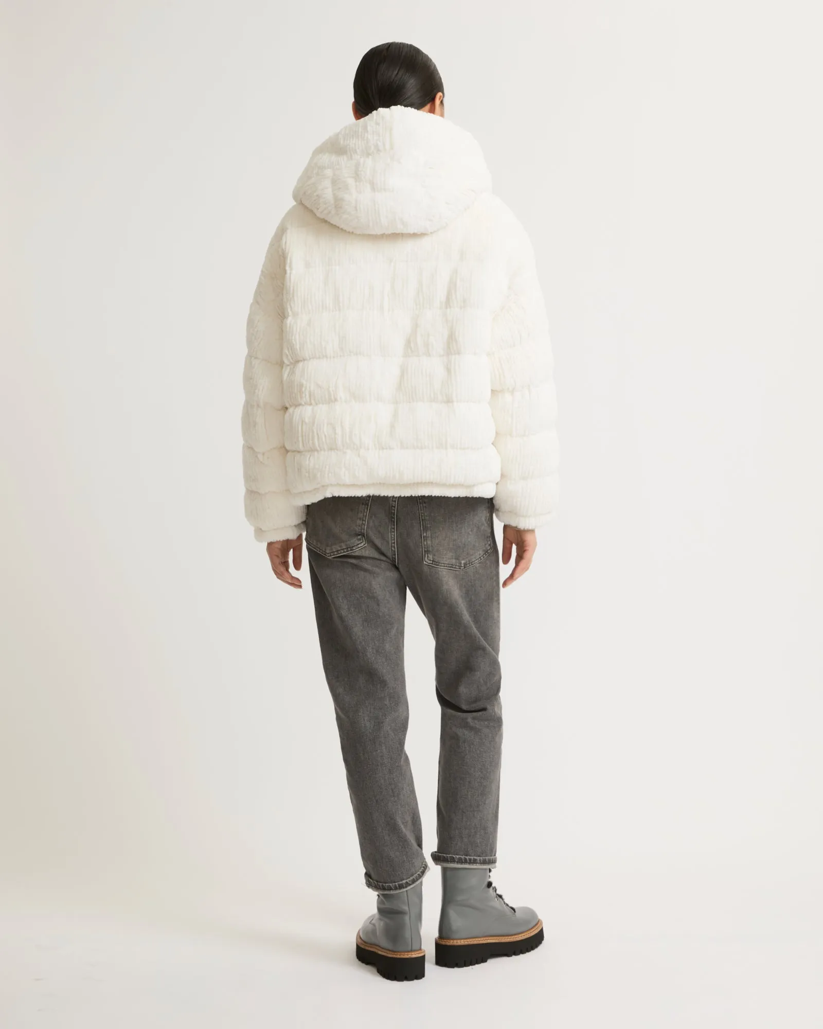 Short hooded down jacket in technical fabric reversible ribbed rex rabbit fur