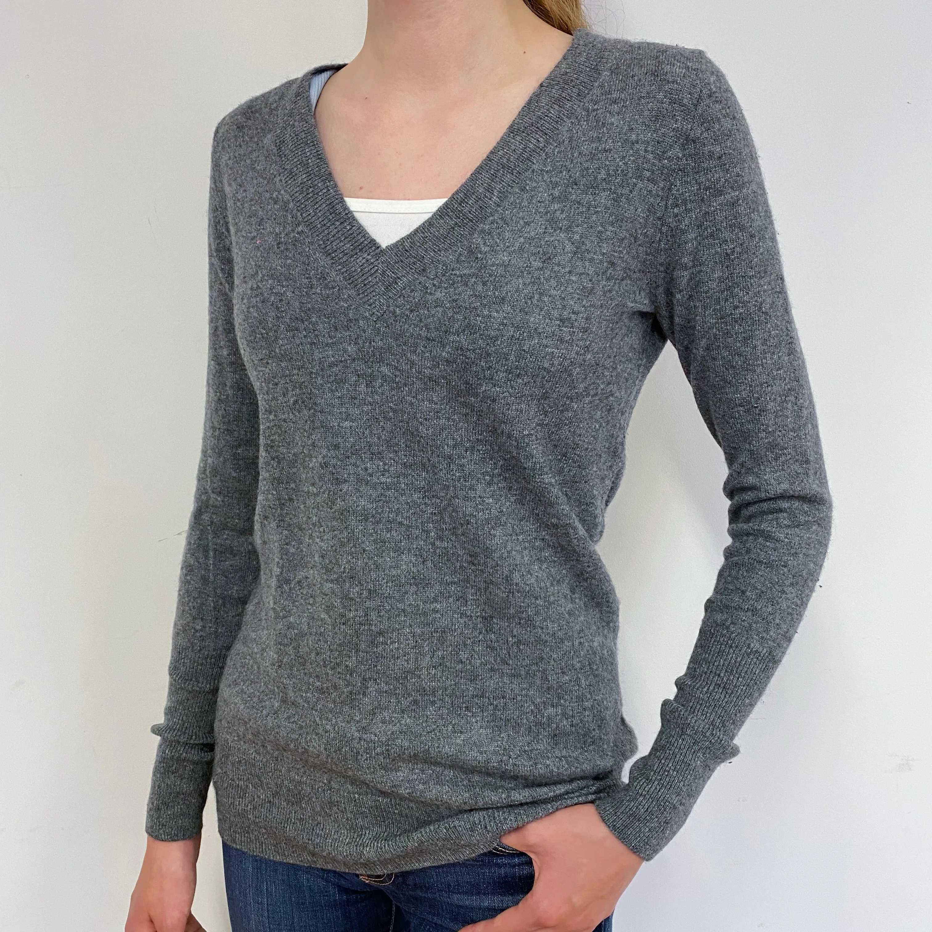 Slate Grey Cashmere V-Neck Jumper
