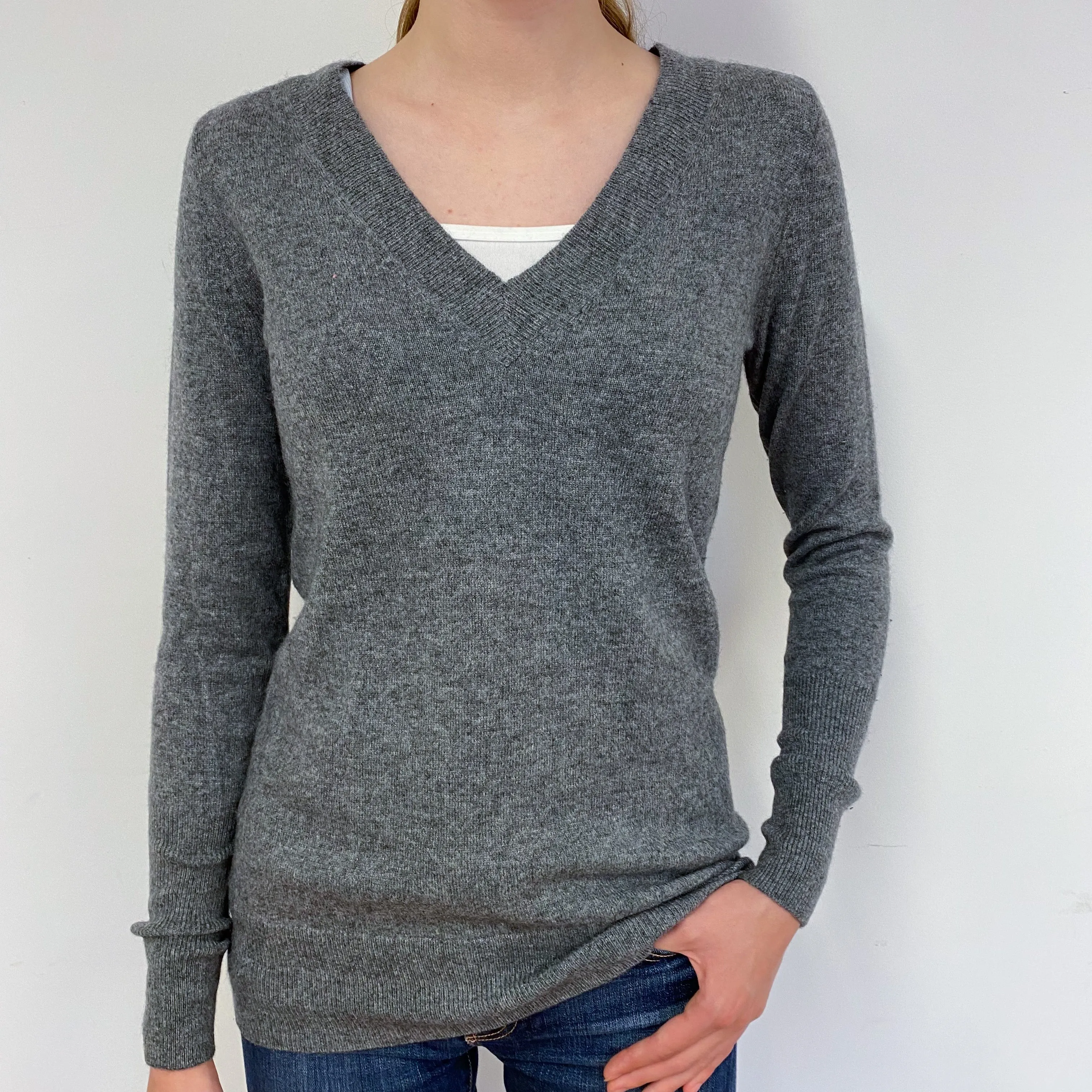 Slate Grey Cashmere V-Neck Jumper