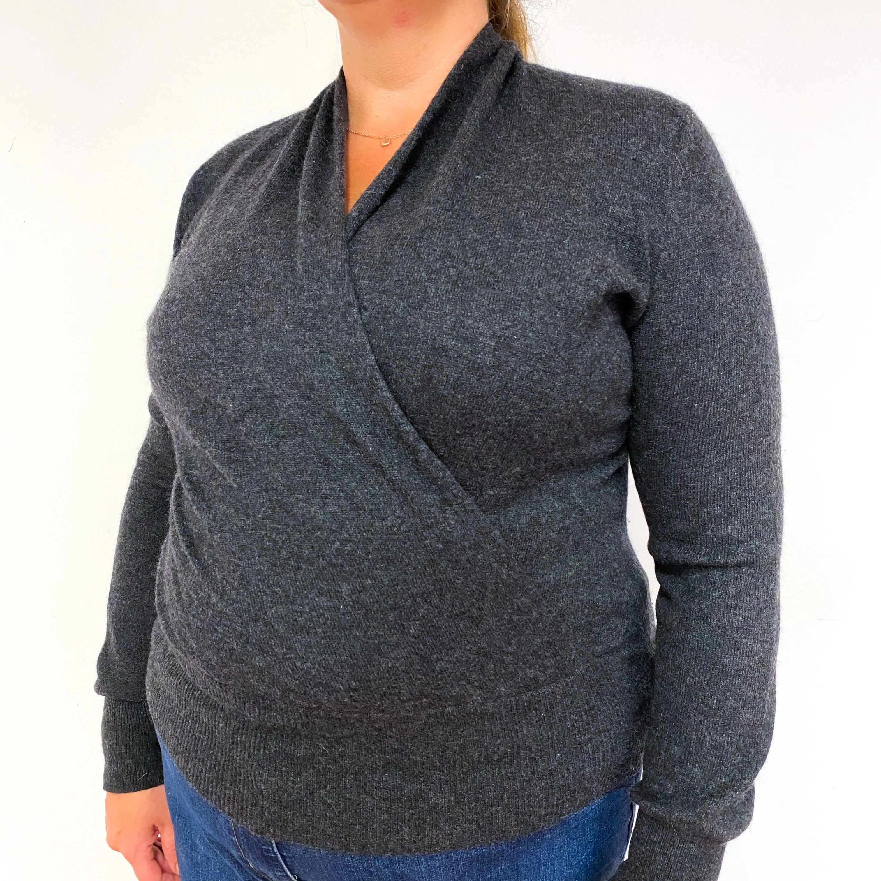 Slate Grey Cross Over Cashmere V-Neck Jumper Extra Large