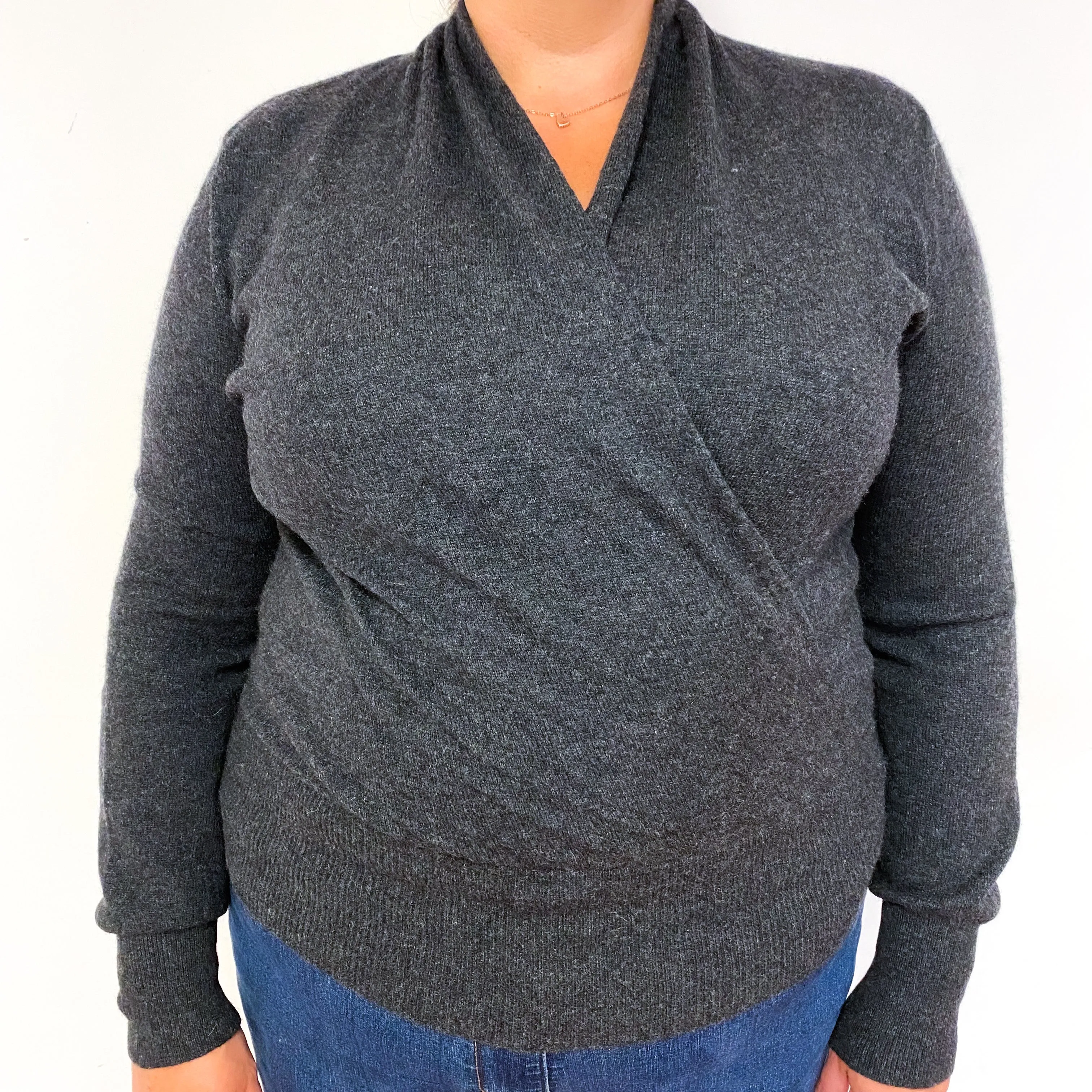 Slate Grey Cross Over Cashmere V-Neck Jumper Extra Large