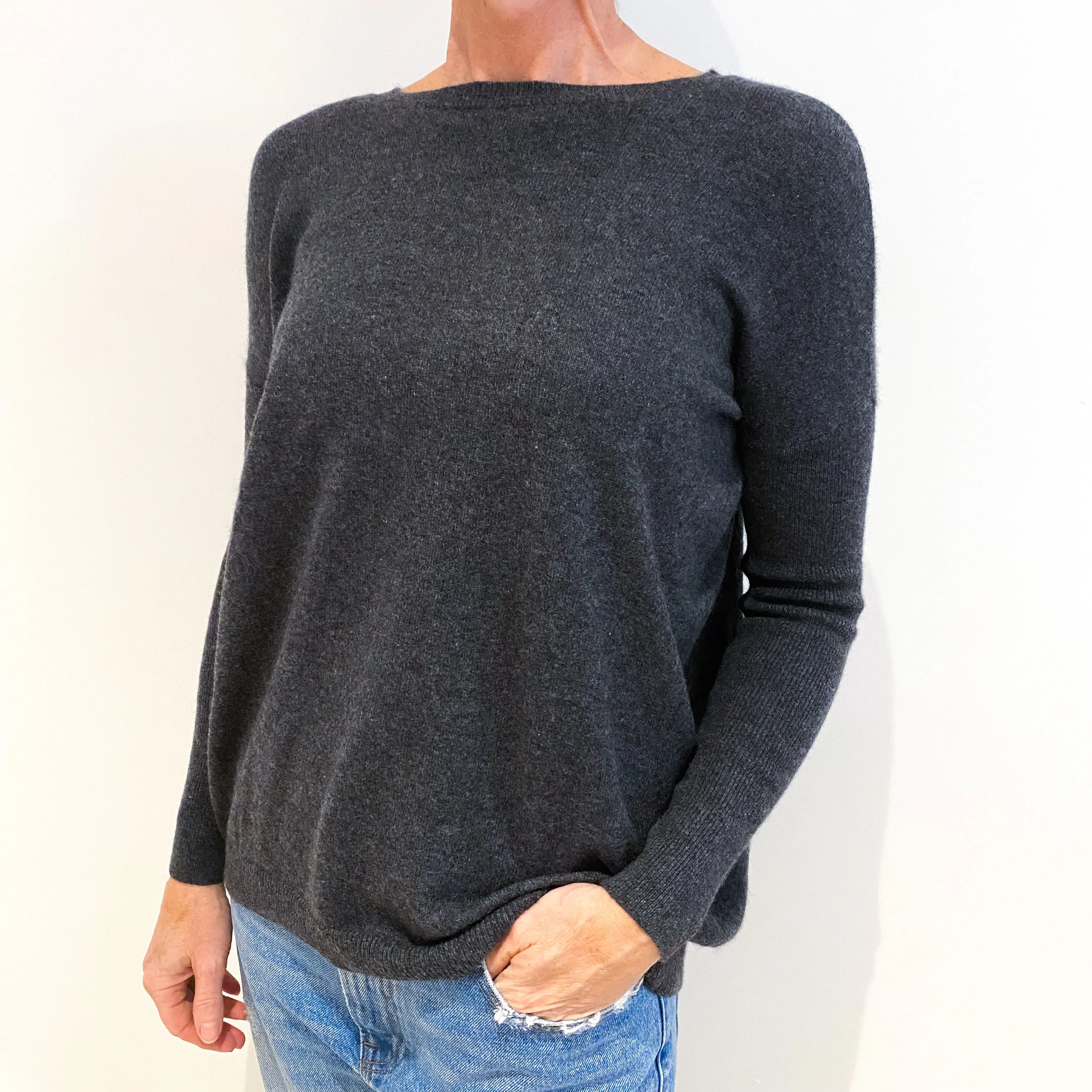 Slate Grey Lace Up Cashmere Crew Neck Jumper Small