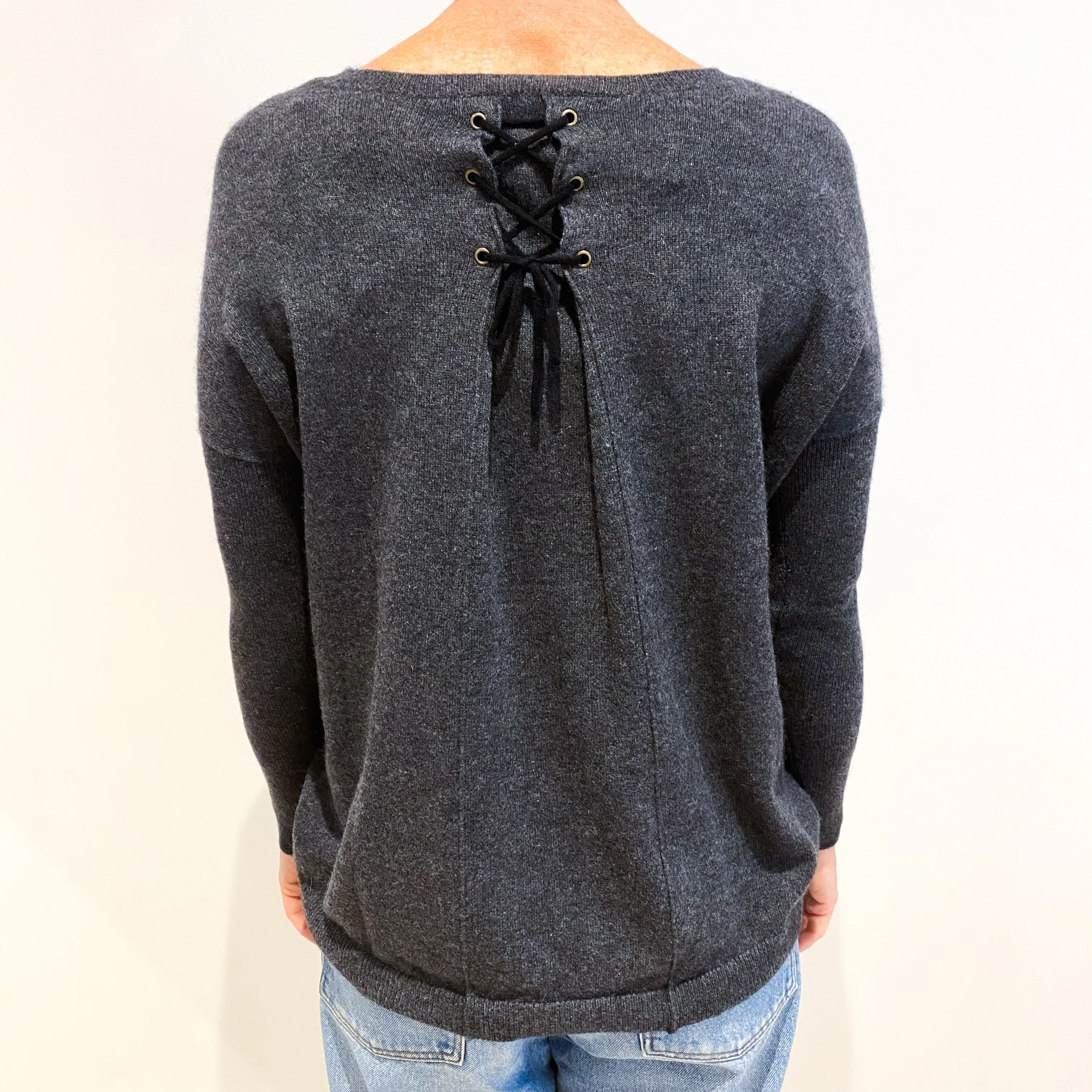 Slate Grey Lace Up Cashmere Crew Neck Jumper Small