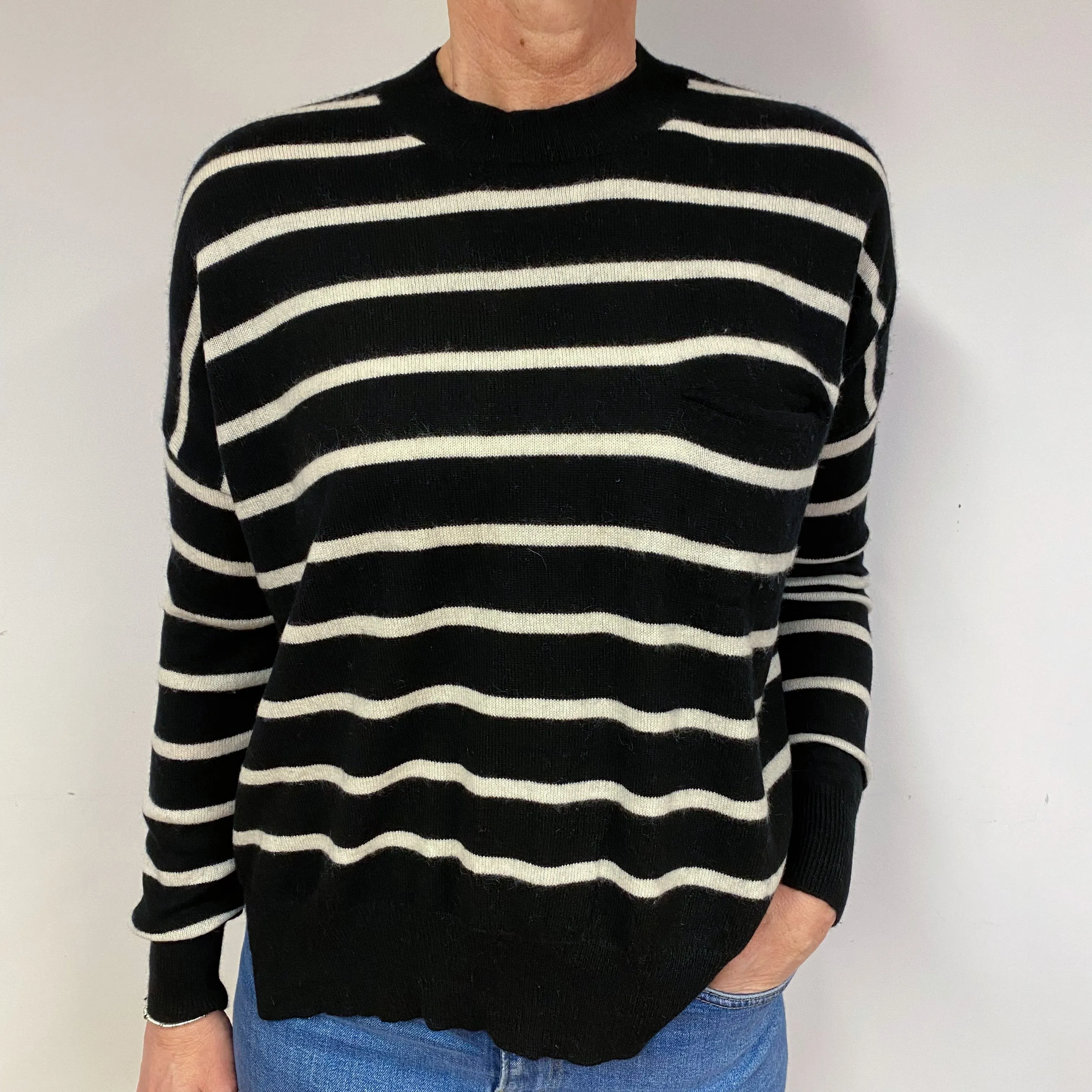 Slouchy Black Stripe Cashmere Crew Neck Jumper Medium