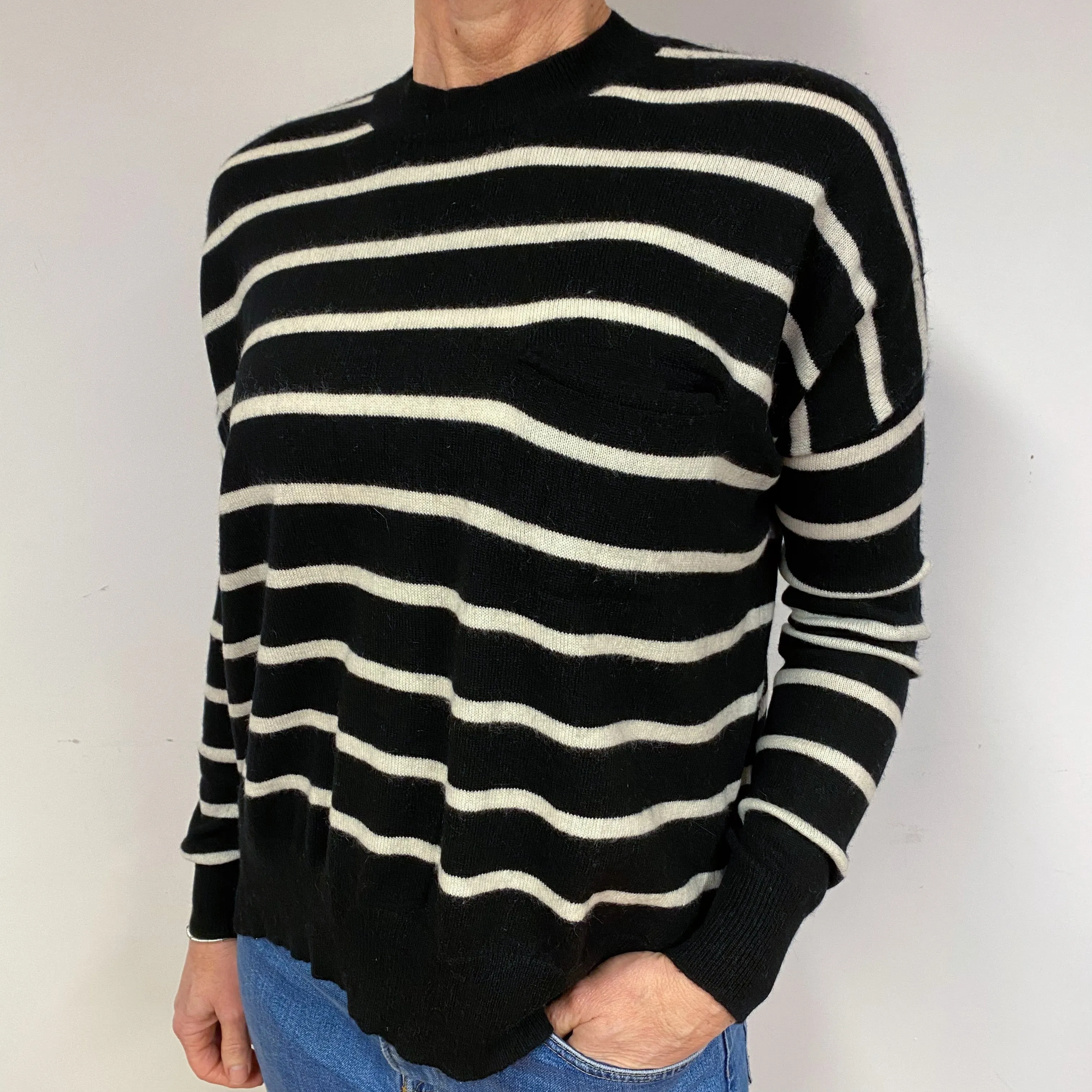 Slouchy Black Stripe Cashmere Crew Neck Jumper Medium