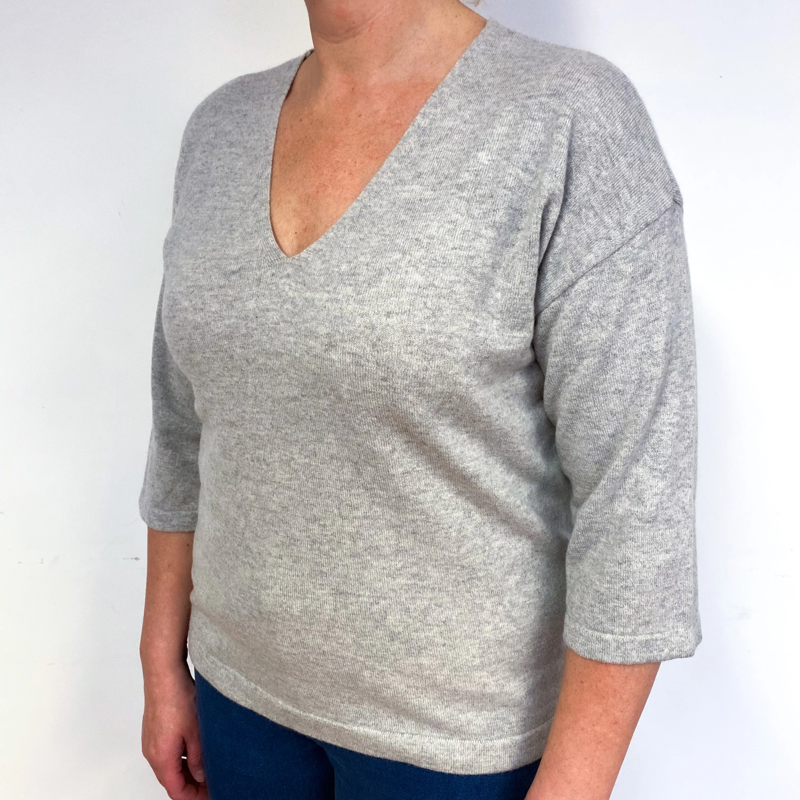 Smoke Grey 3/4 Sleeve Cashmere V-Neck Jumper Large