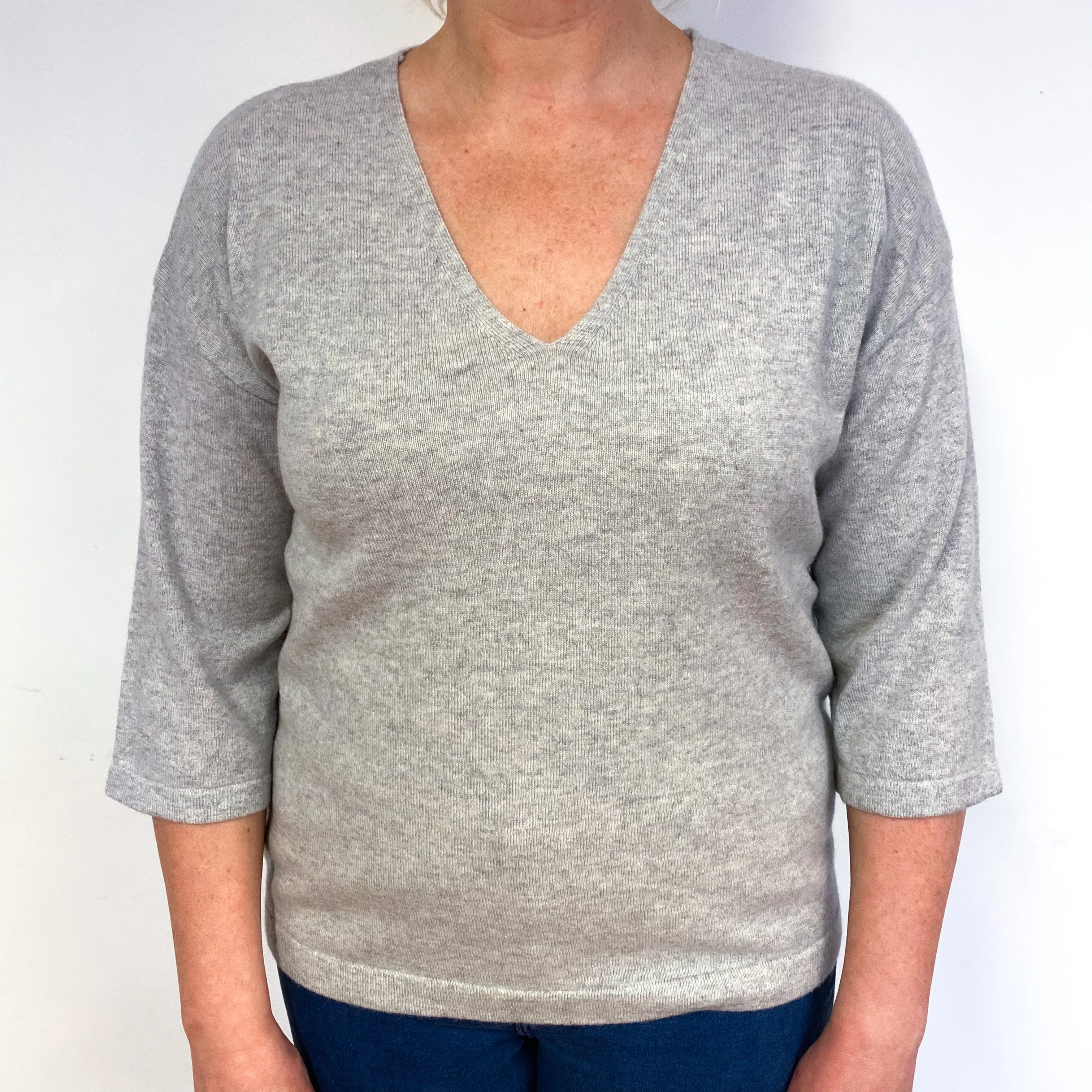 Smoke Grey 3/4 Sleeve Cashmere V-Neck Jumper Large