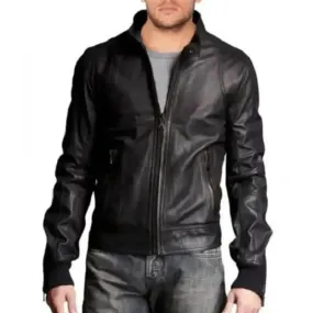 Stylish Men's Leather Bomber Jacket with Stand Collar