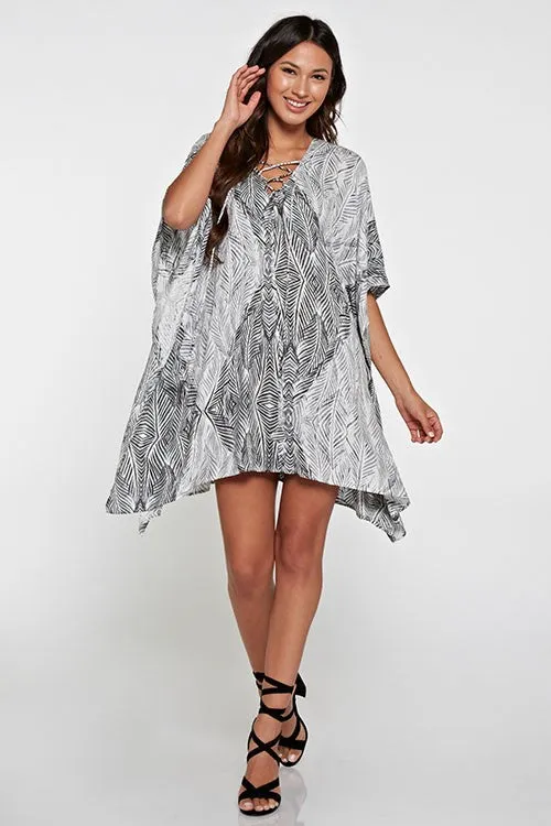 Tropical Palm Print Kimono Sleeve Beach Tunic