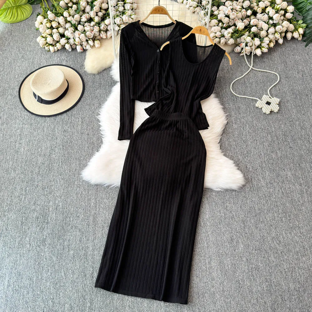 V-neck Cardigan&Vest&Skirt Knitted 3Pcs