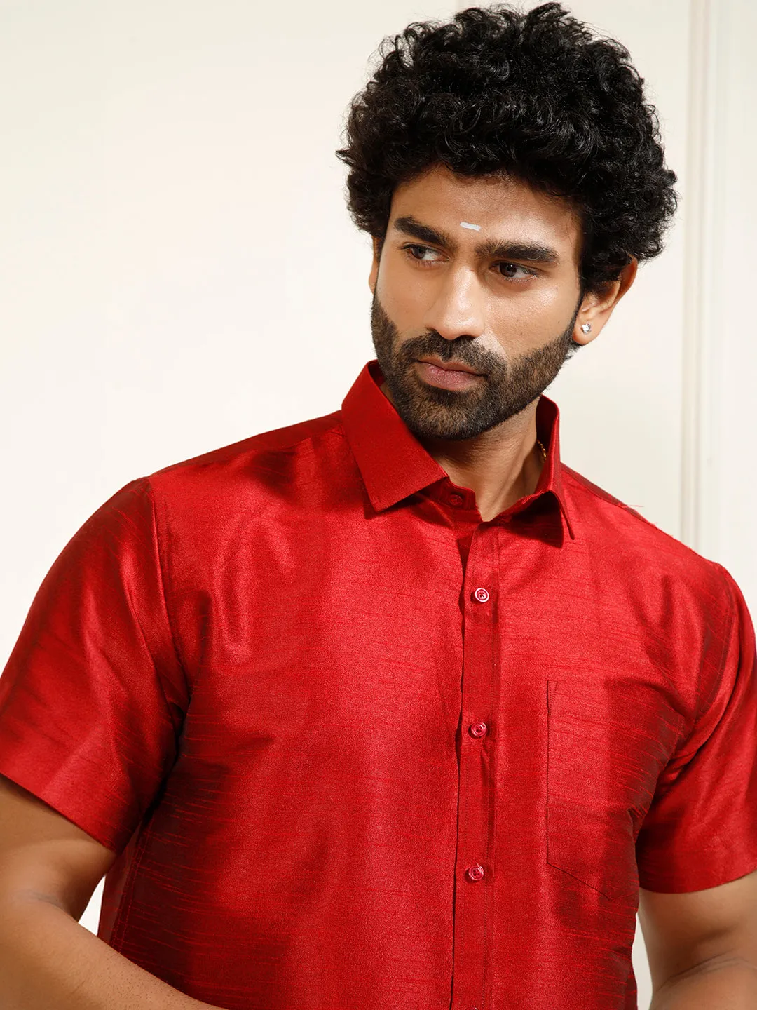 VASTRAMAY Men's Maroon Silk Blend Shirt And Mundu