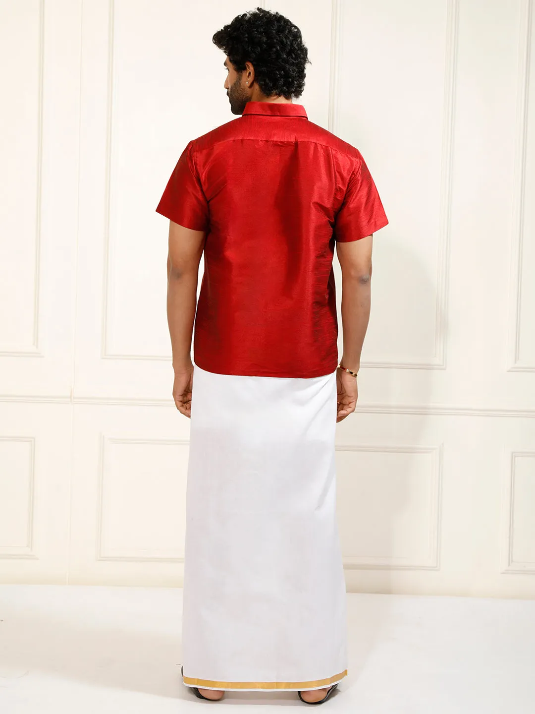 VASTRAMAY Men's Maroon Silk Blend Shirt And Mundu