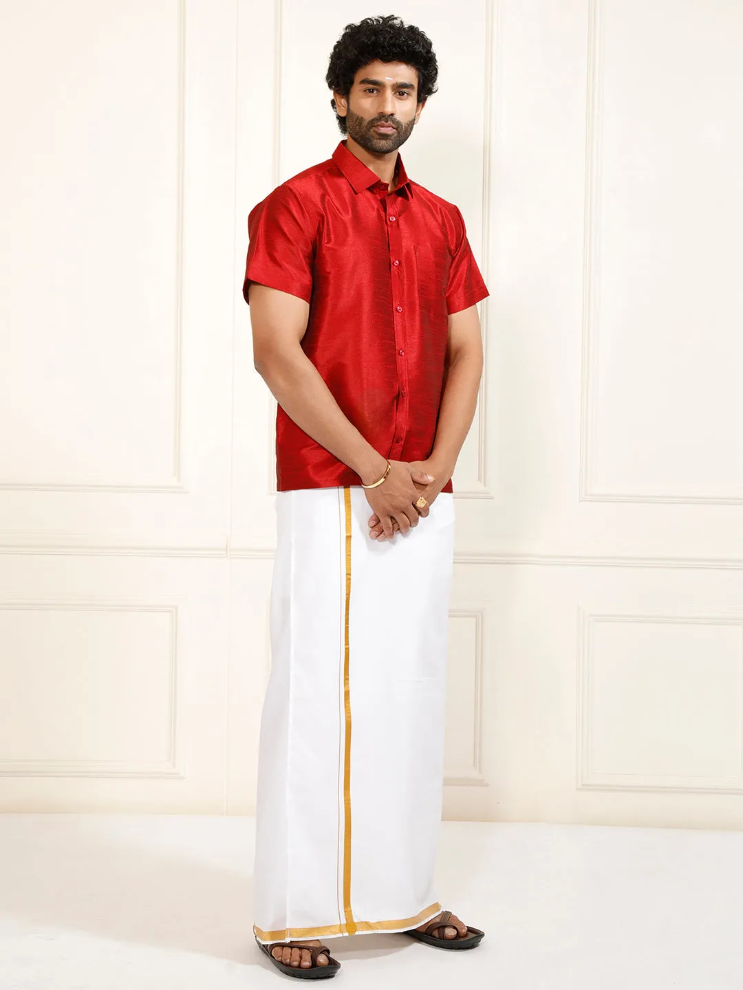 VASTRAMAY Men's Maroon Silk Blend Shirt And Mundu