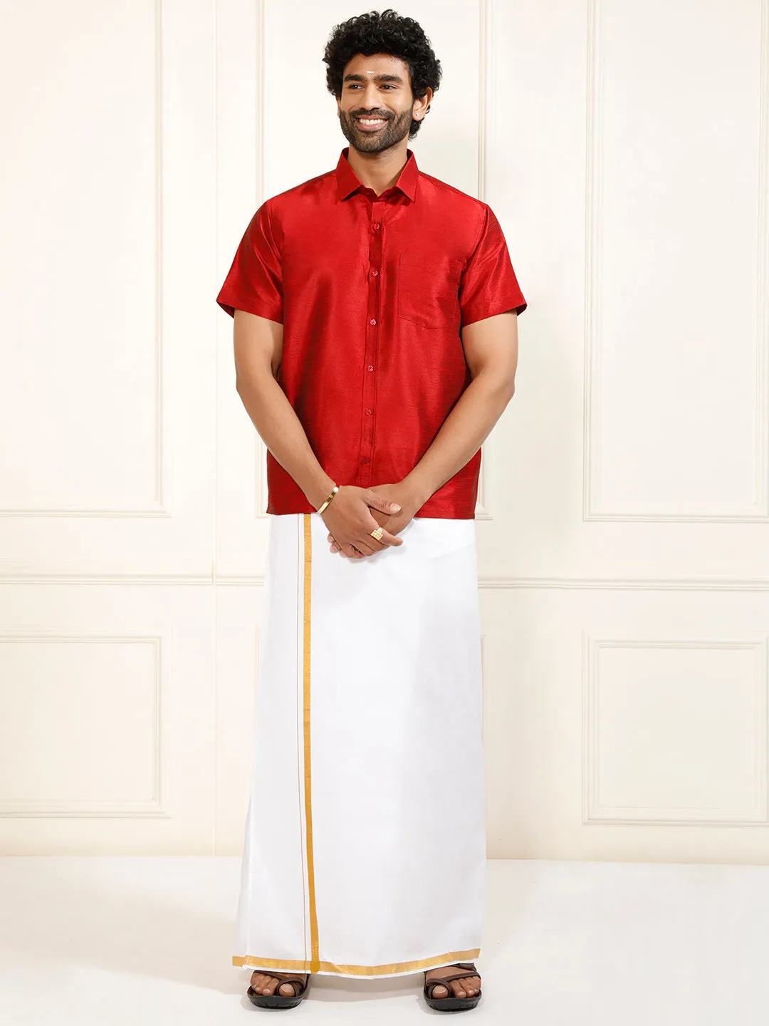 VASTRAMAY Men's Maroon Silk Blend Shirt And Mundu