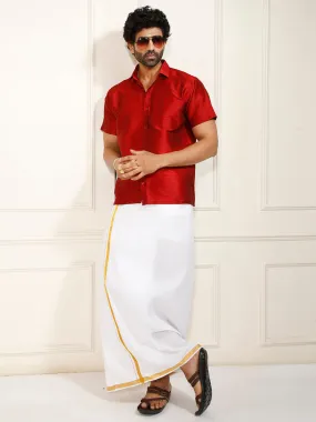 VASTRAMAY Men's Maroon Silk Blend Shirt And Mundu
