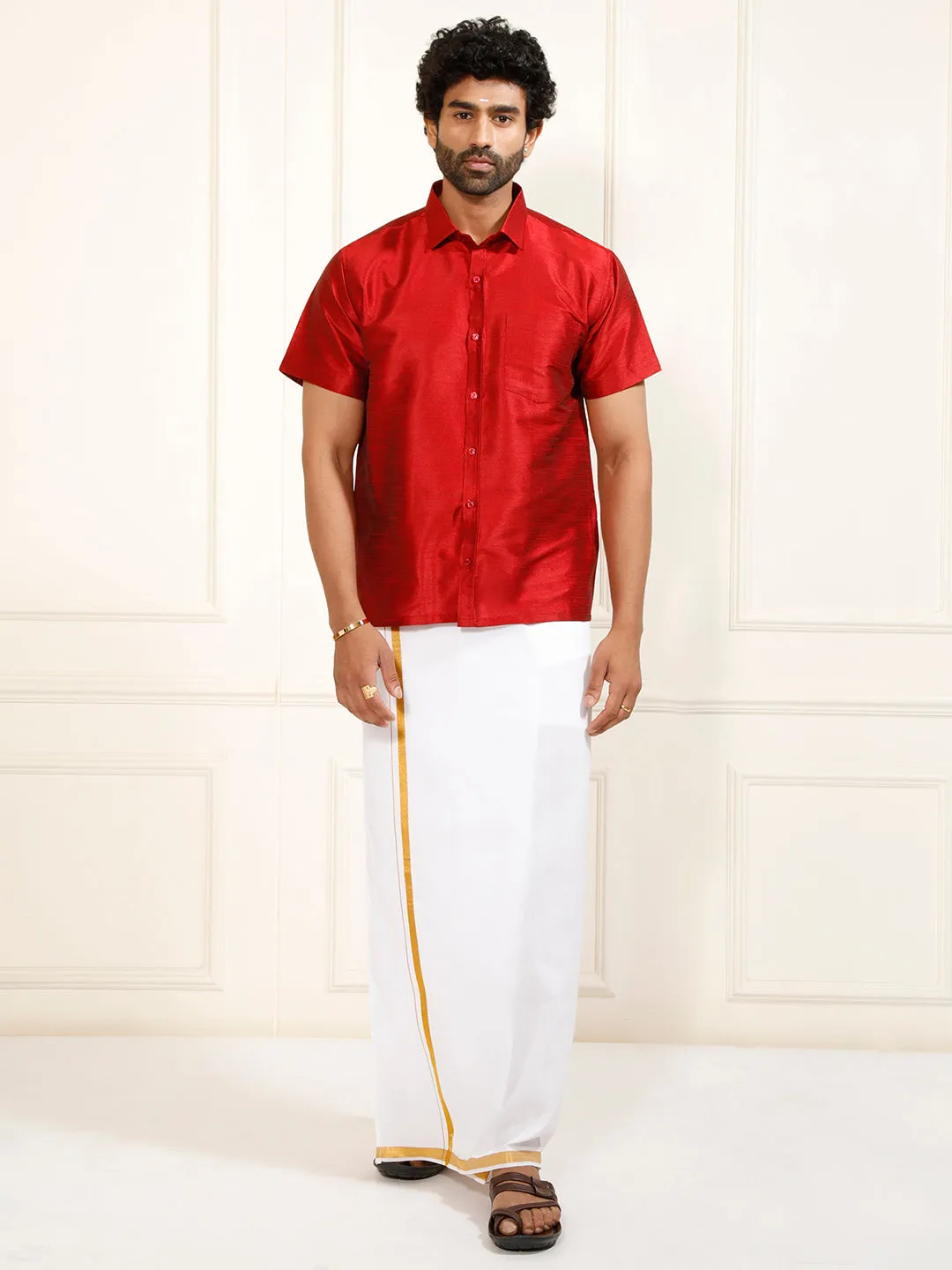 VASTRAMAY Men's Maroon Silk Blend Shirt And Mundu