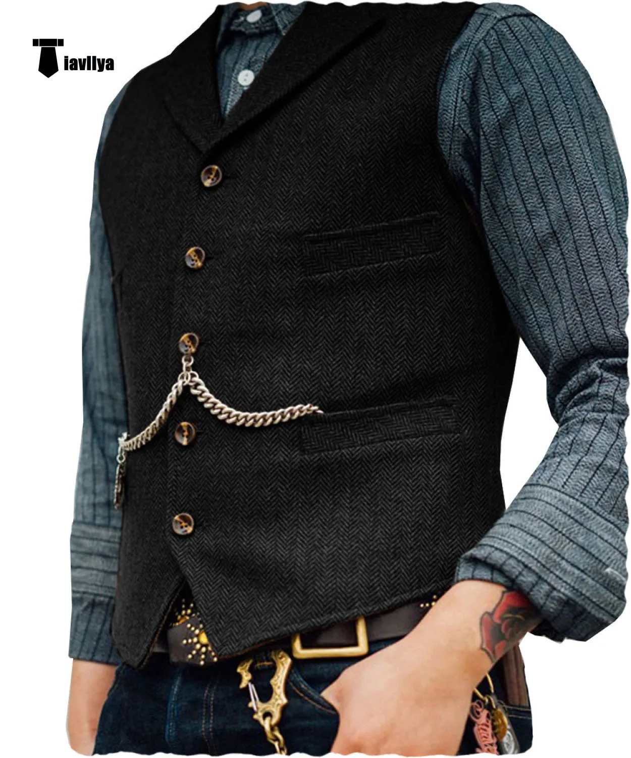 Vintage Classical Men's Slim Fit Tweed Herringbone Waistcoat