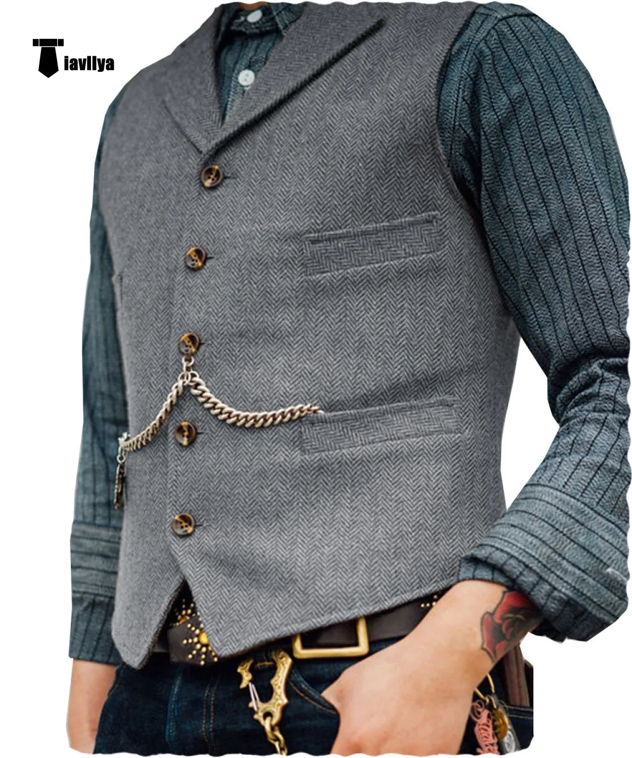 Vintage Classical Men's Slim Fit Tweed Herringbone Waistcoat