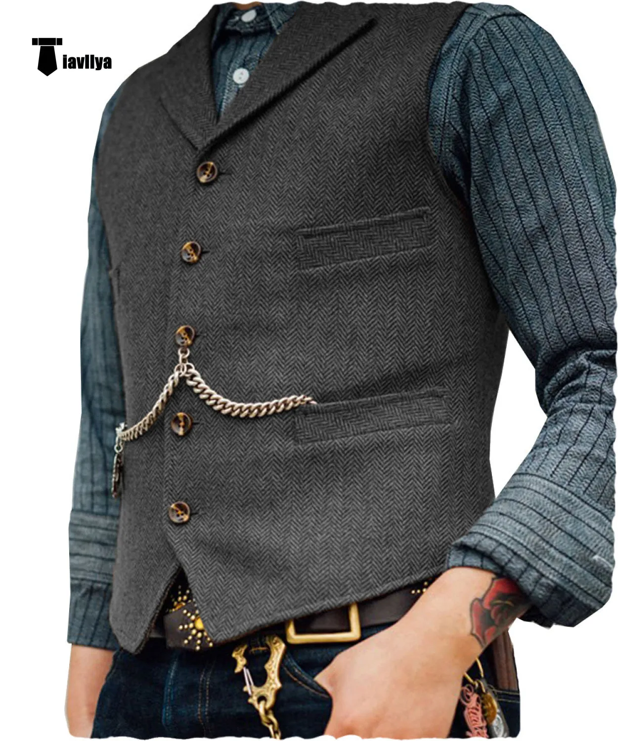 Vintage Classical Men's Slim Fit Tweed Herringbone Waistcoat