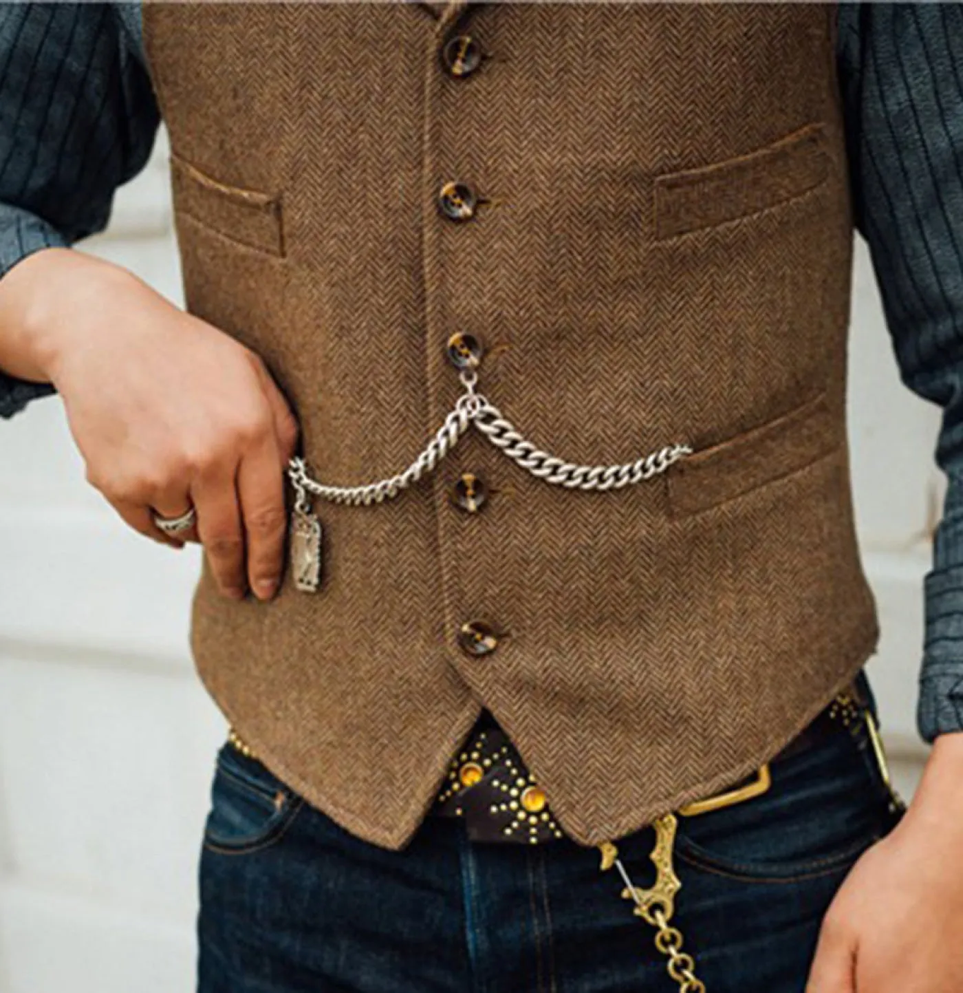 Vintage Classical Men's Slim Fit Tweed Herringbone Waistcoat