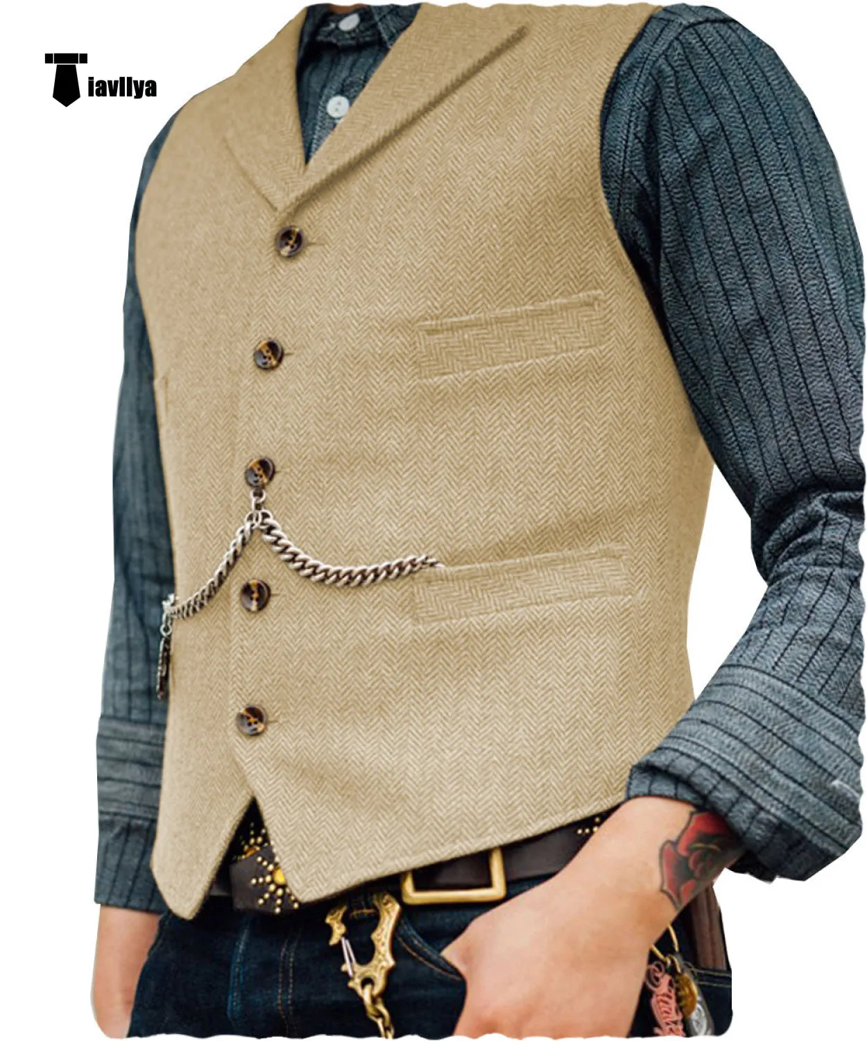 Vintage Classical Men's Slim Fit Tweed Herringbone Waistcoat