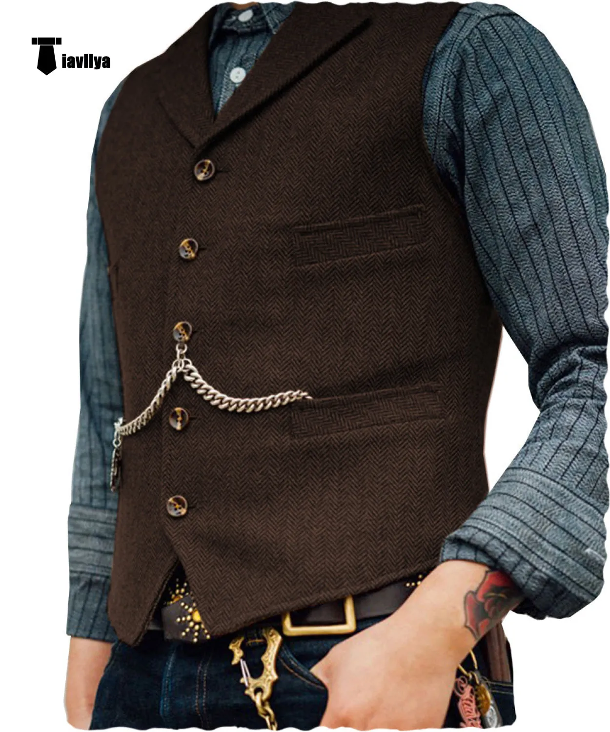 Vintage Classical Men's Slim Fit Tweed Herringbone Waistcoat
