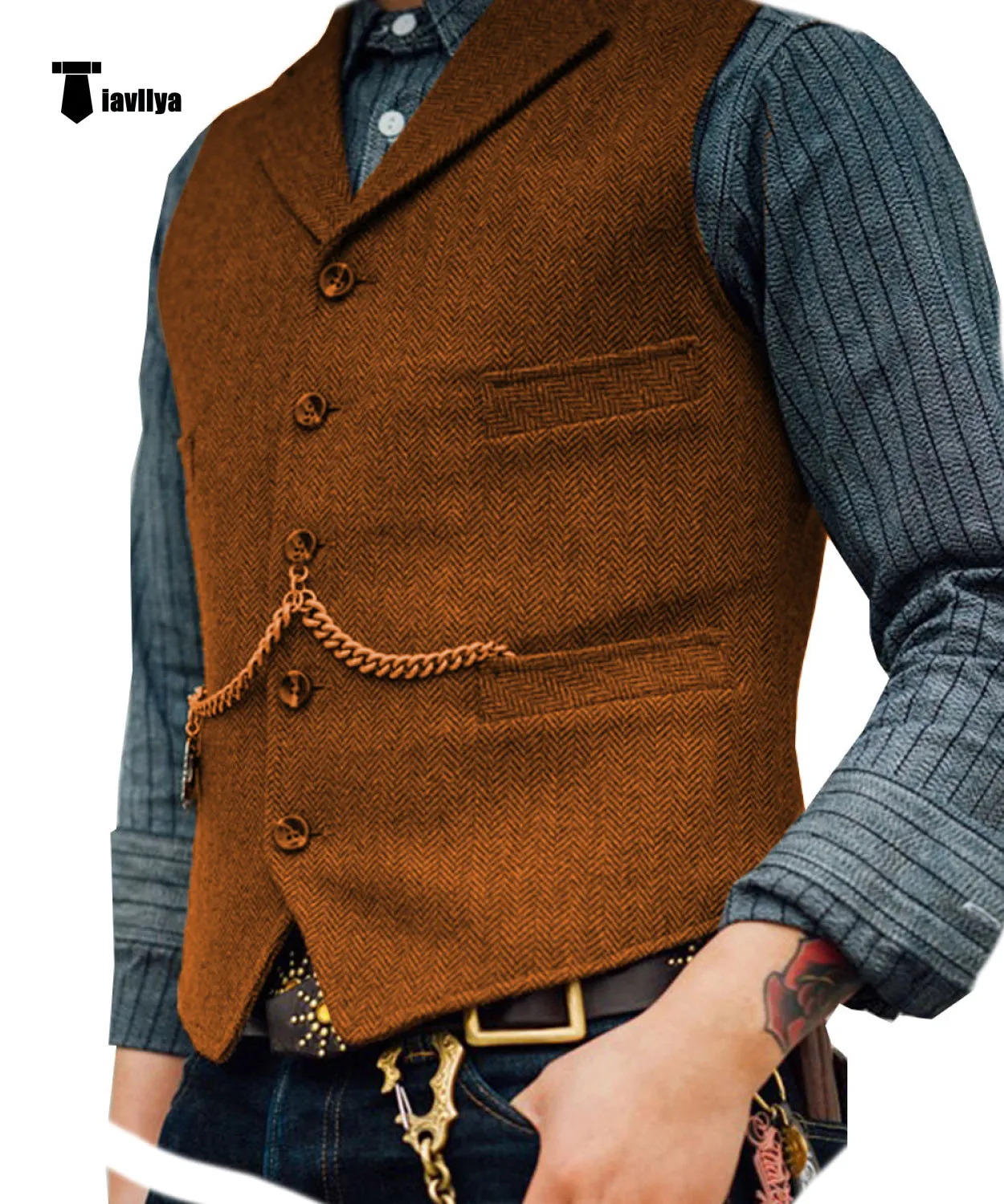 Vintage Classical Men's Slim Fit Tweed Herringbone Waistcoat