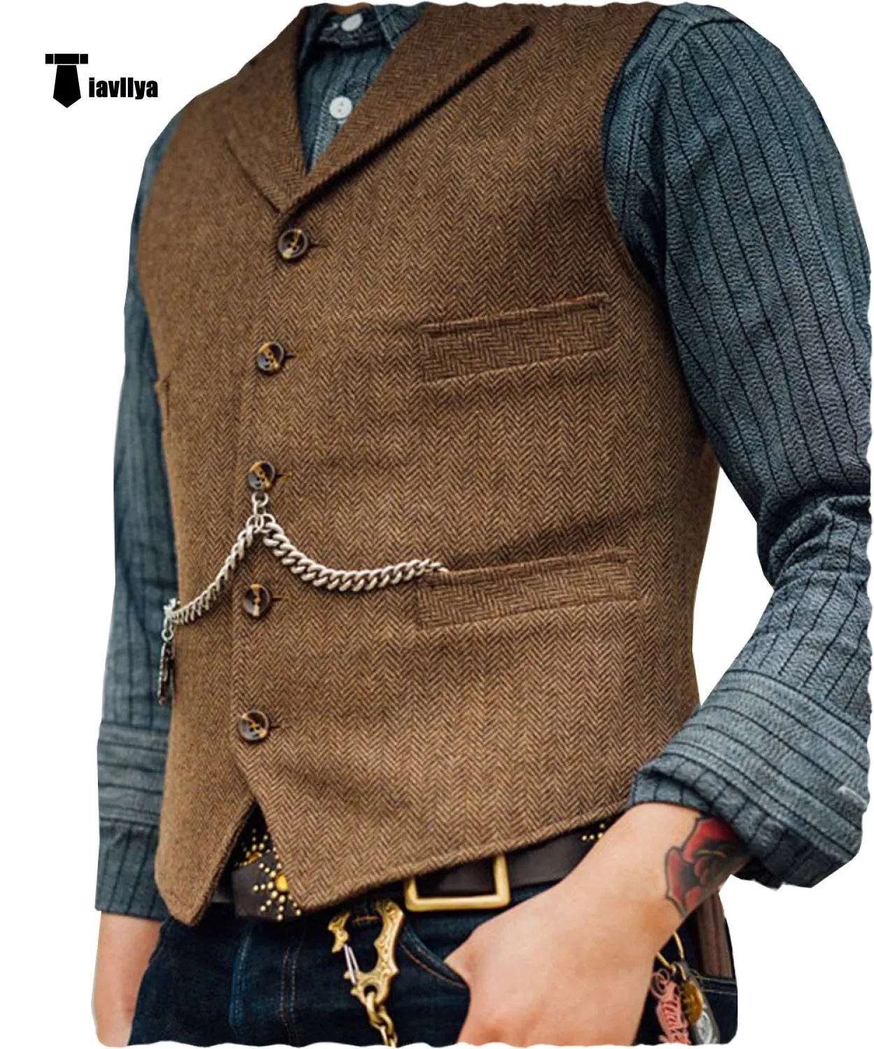 Vintage Classical Men's Slim Fit Tweed Herringbone Waistcoat