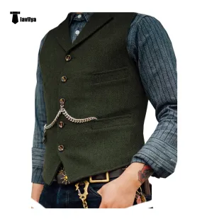 Vintage Classical Men's Slim Fit Tweed Herringbone Waistcoat