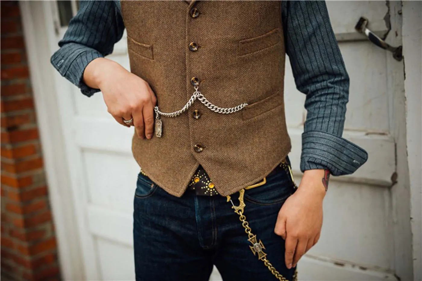 Vintage Classical Men's Slim Fit Tweed Herringbone Waistcoat