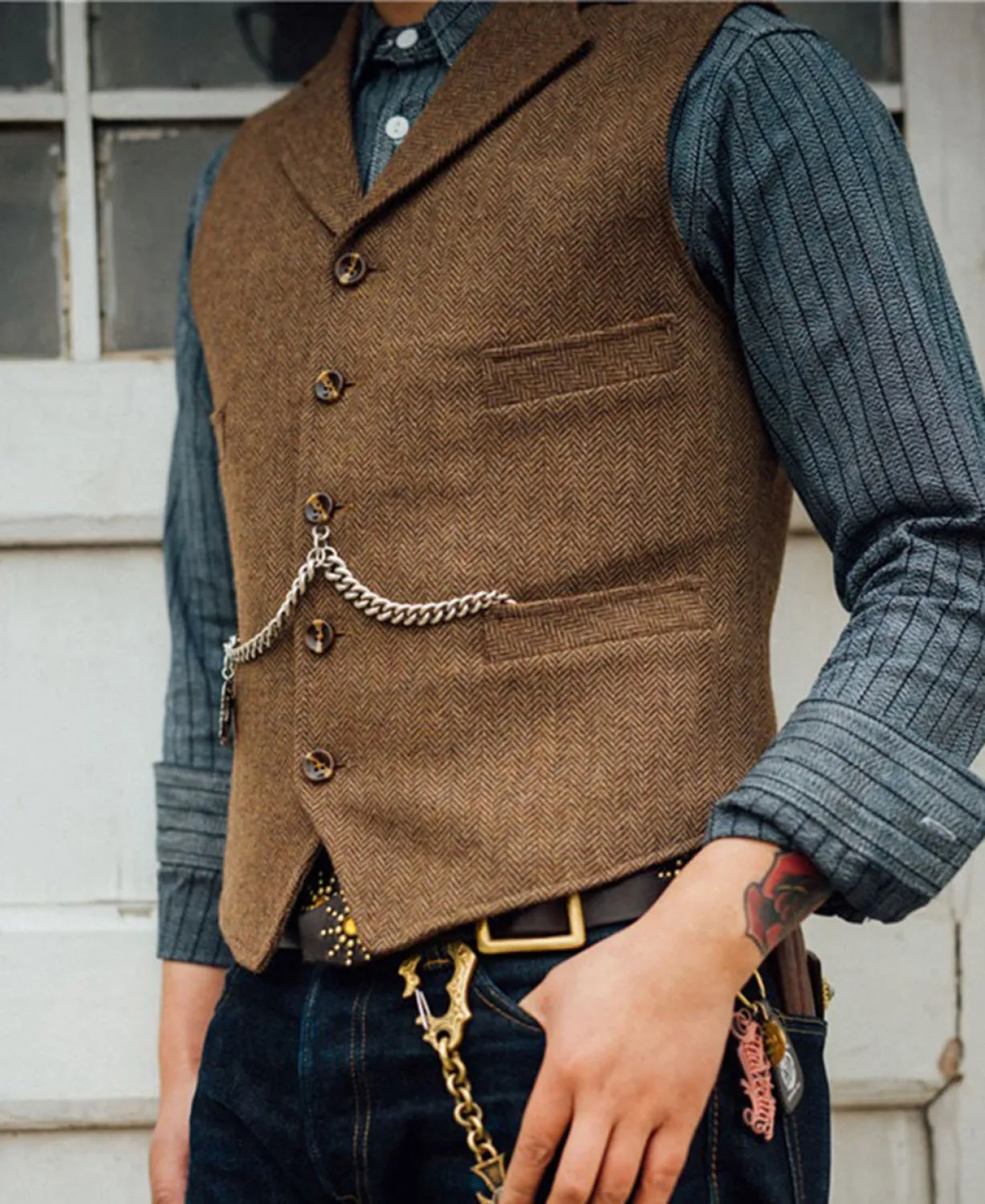 Vintage Classical Men's Slim Fit Tweed Herringbone Waistcoat