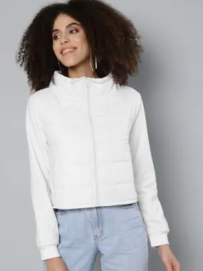 Women White Drawstring Puffer Jacket