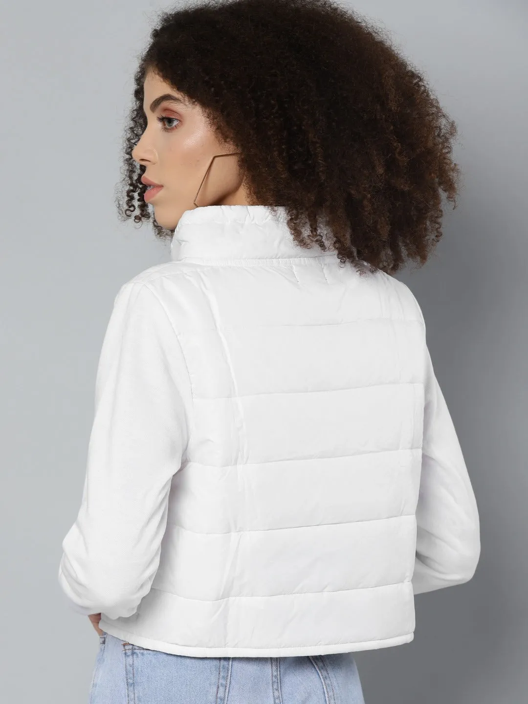 Women White Drawstring Puffer Jacket