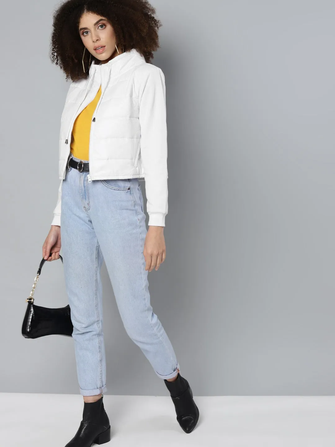 Women White Drawstring Puffer Jacket