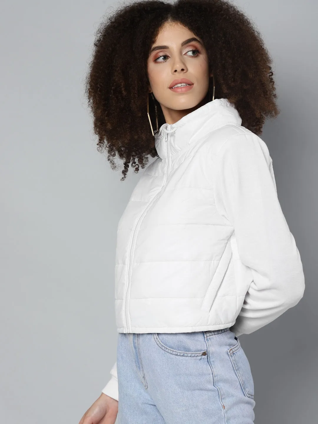 Women White Drawstring Puffer Jacket