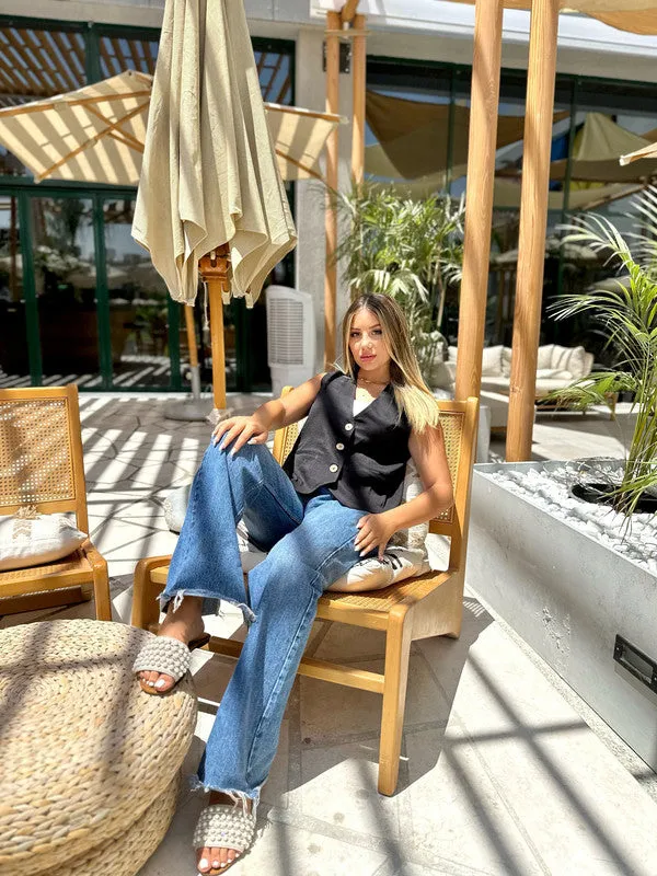 Women's Black Linen Blazer Vest - Elegant Sleeveless Top - Made in Egypt