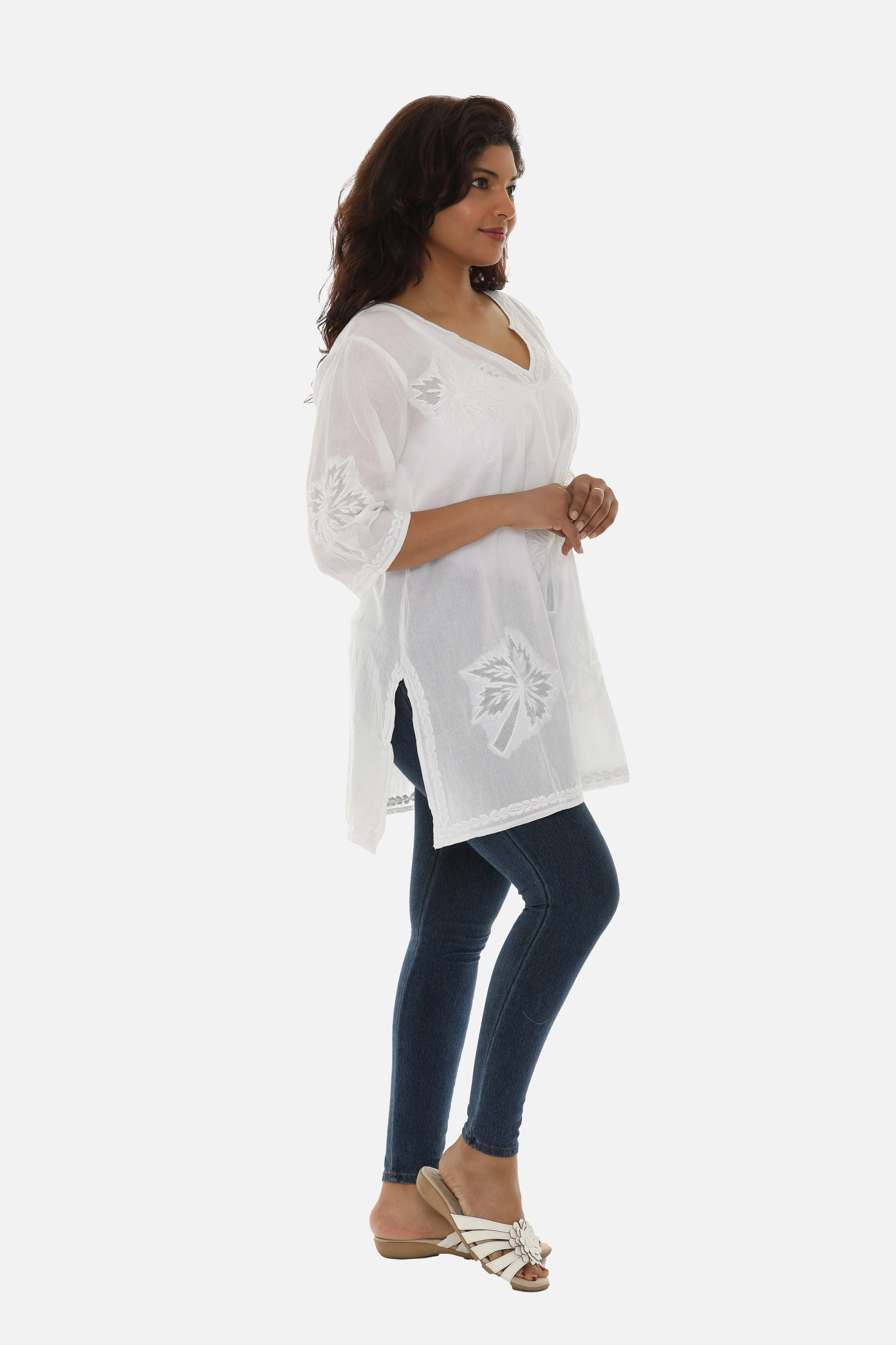 Women's Cotton  Palm Tree Embroidery Tunic