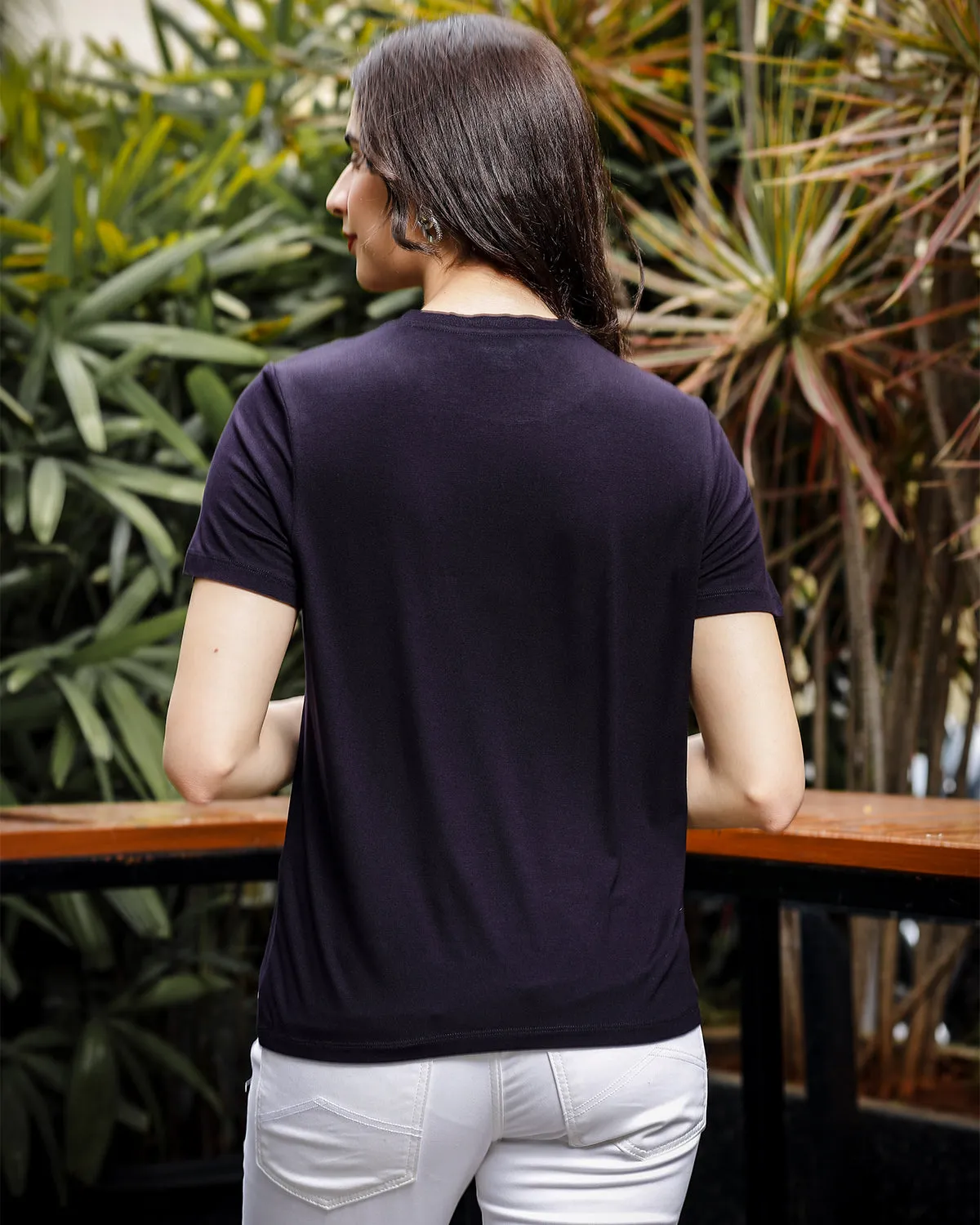 Womens Printed Round Neck Black Tshirt