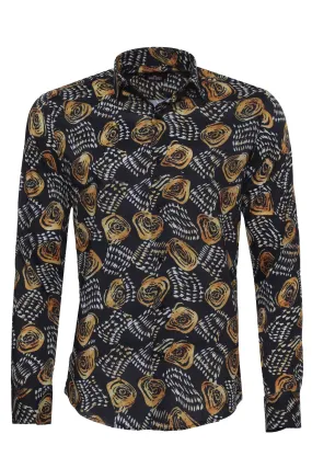 WSS Floral Patterned Long Sleeves Slim Fit Black Men Shirt  - Singen