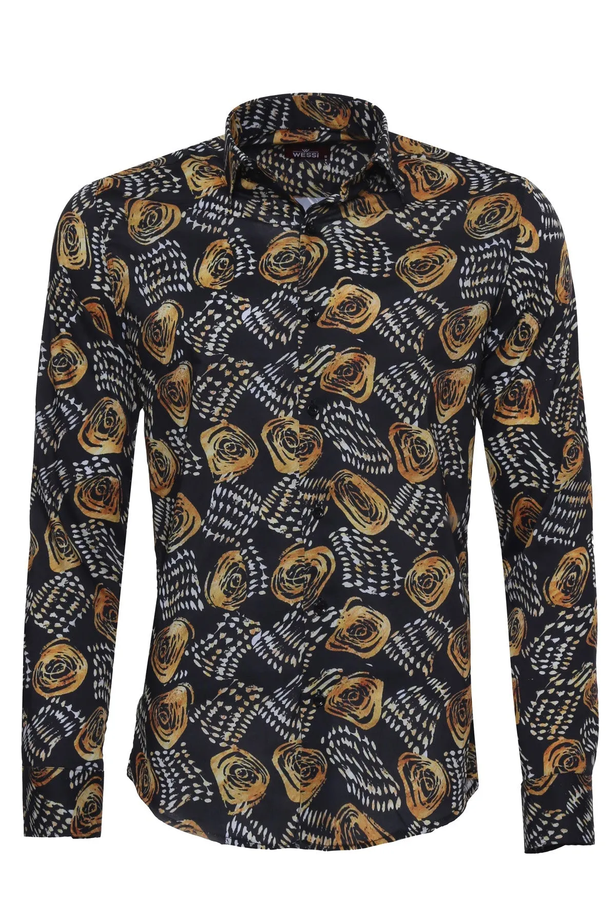 WSS Floral Patterned Long Sleeves Slim Fit Black Men Shirt  - Singen