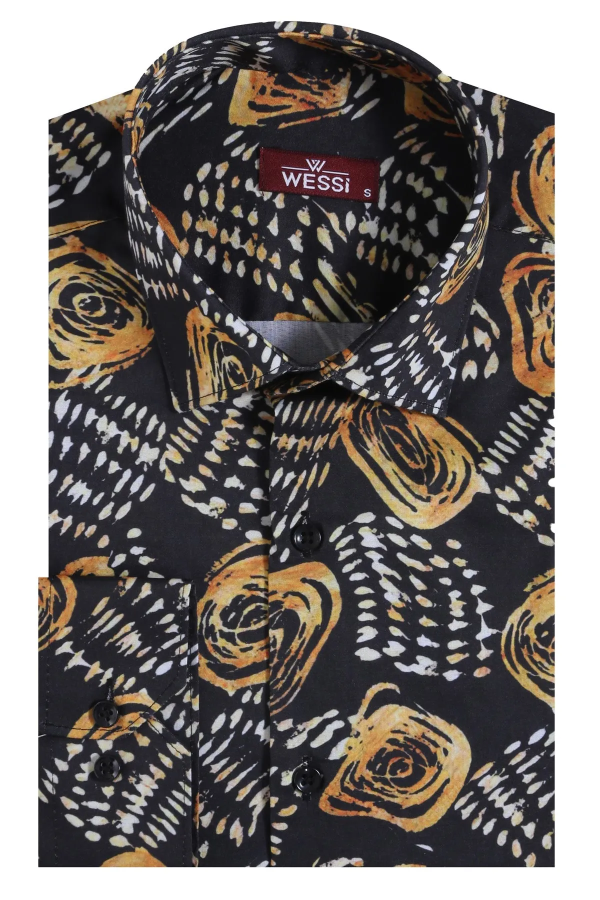 WSS Floral Patterned Long Sleeves Slim Fit Black Men Shirt  - Singen
